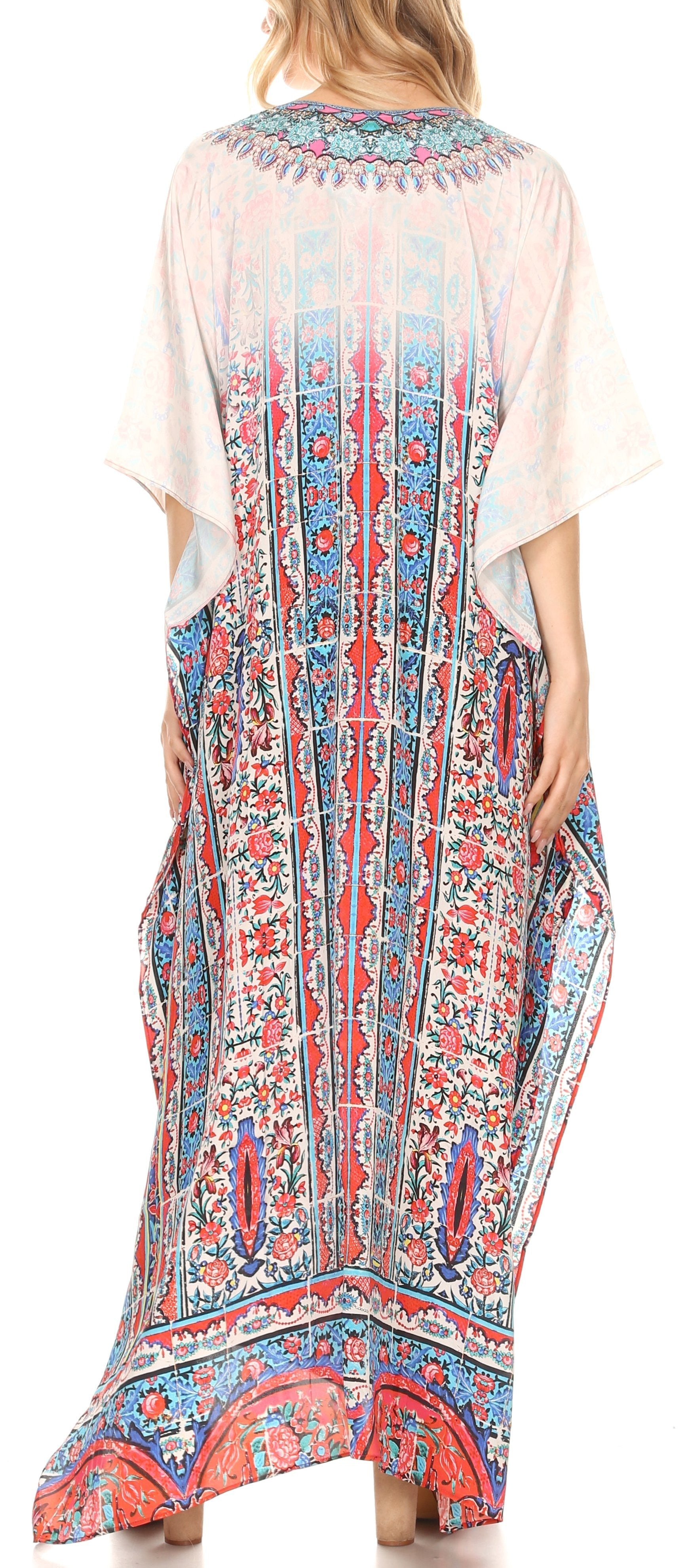 Sakkas Georgettina Flowy Rhinestone V Neck Long Caftan Dress/Cover Up - Concordia Style Boutique