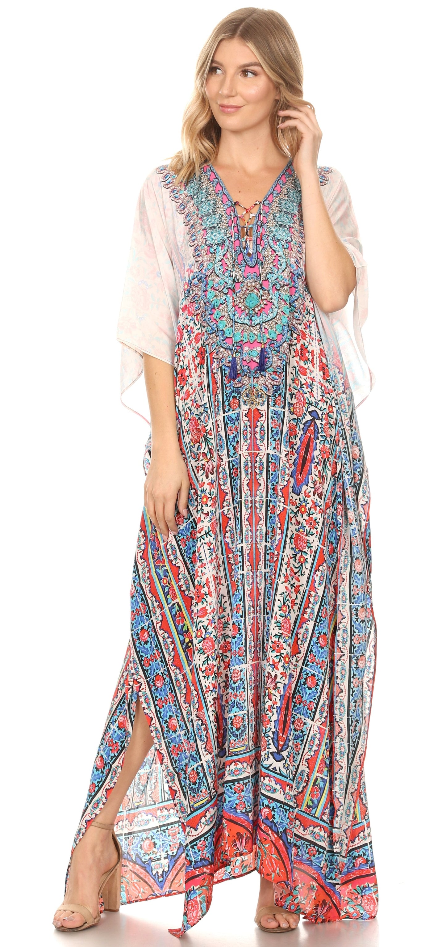 Sakkas Georgettina Flowy Rhinestone V Neck Long Caftan Dress/Cover Up - Concordia Style Boutique