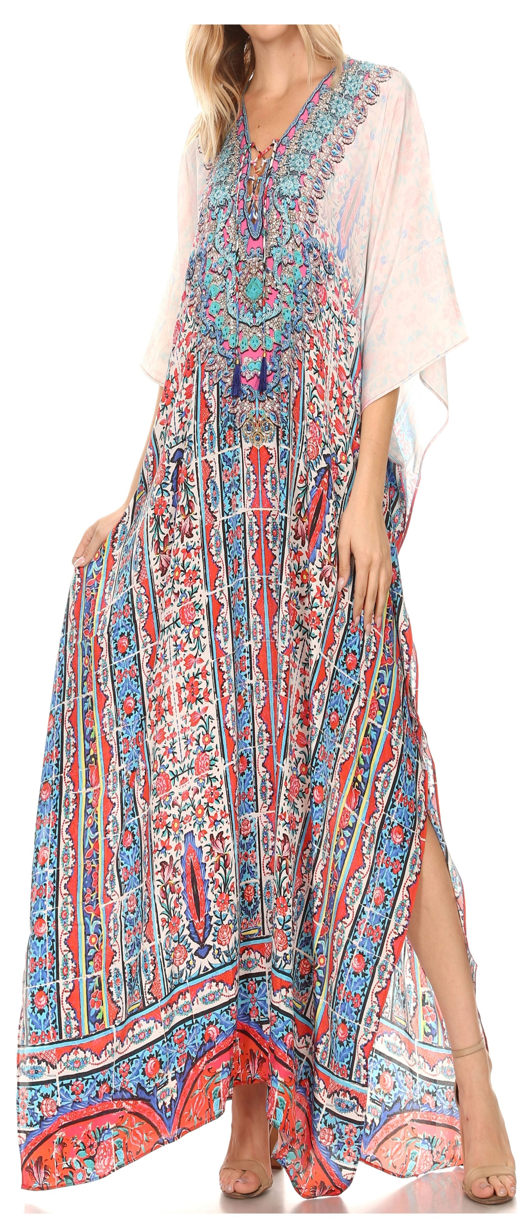 Sakkas Georgettina Flowy Rhinestone V Neck Long Caftan Dress/Cover Up - Concordia Style Boutique