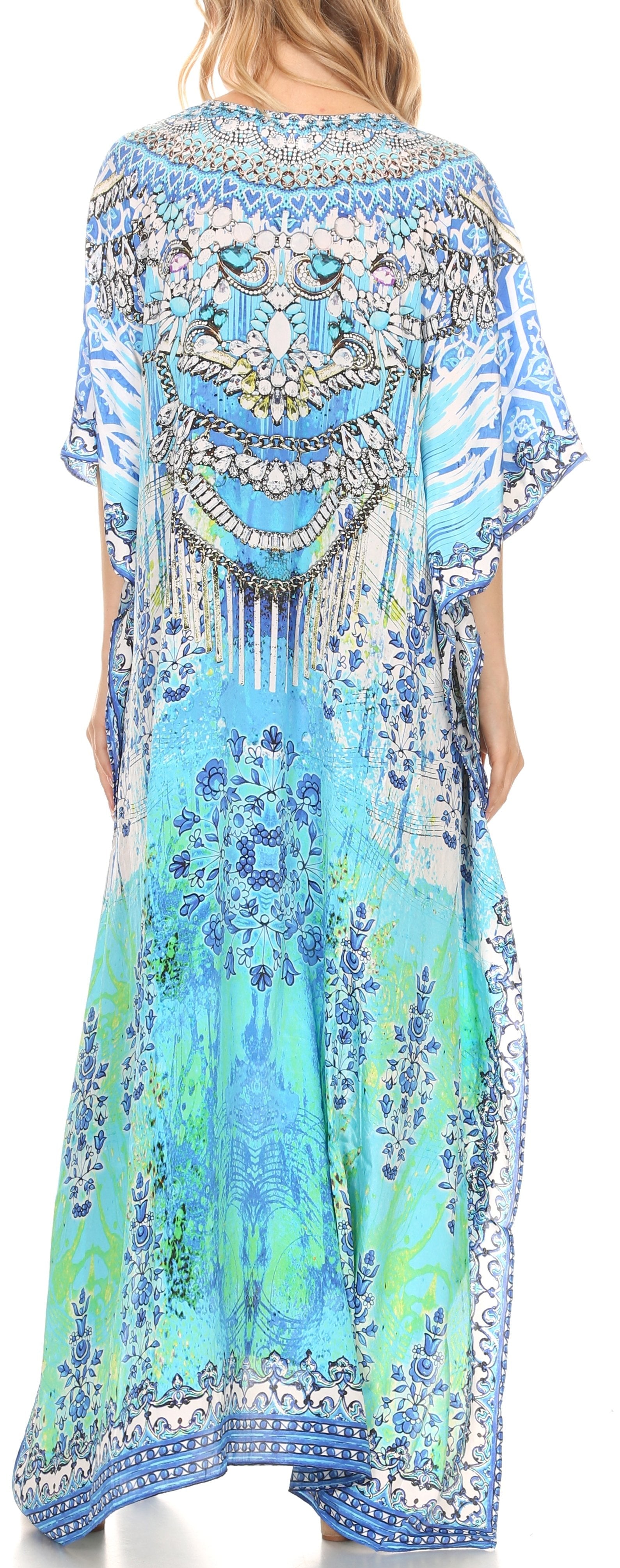 Sakkas Georgettina Flowy Rhinestone V Neck Long Caftan Dress/Cover Up - Concordia Style Boutique