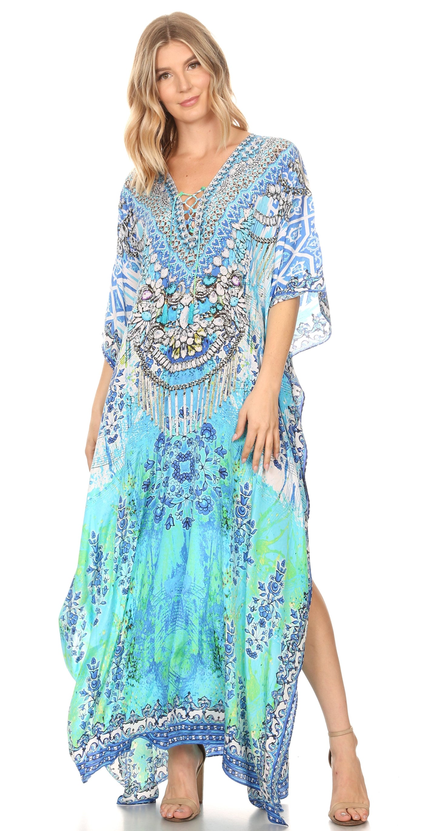 Sakkas Georgettina Flowy Rhinestone V Neck Long Caftan Dress/Cover Up - Concordia Style Boutique