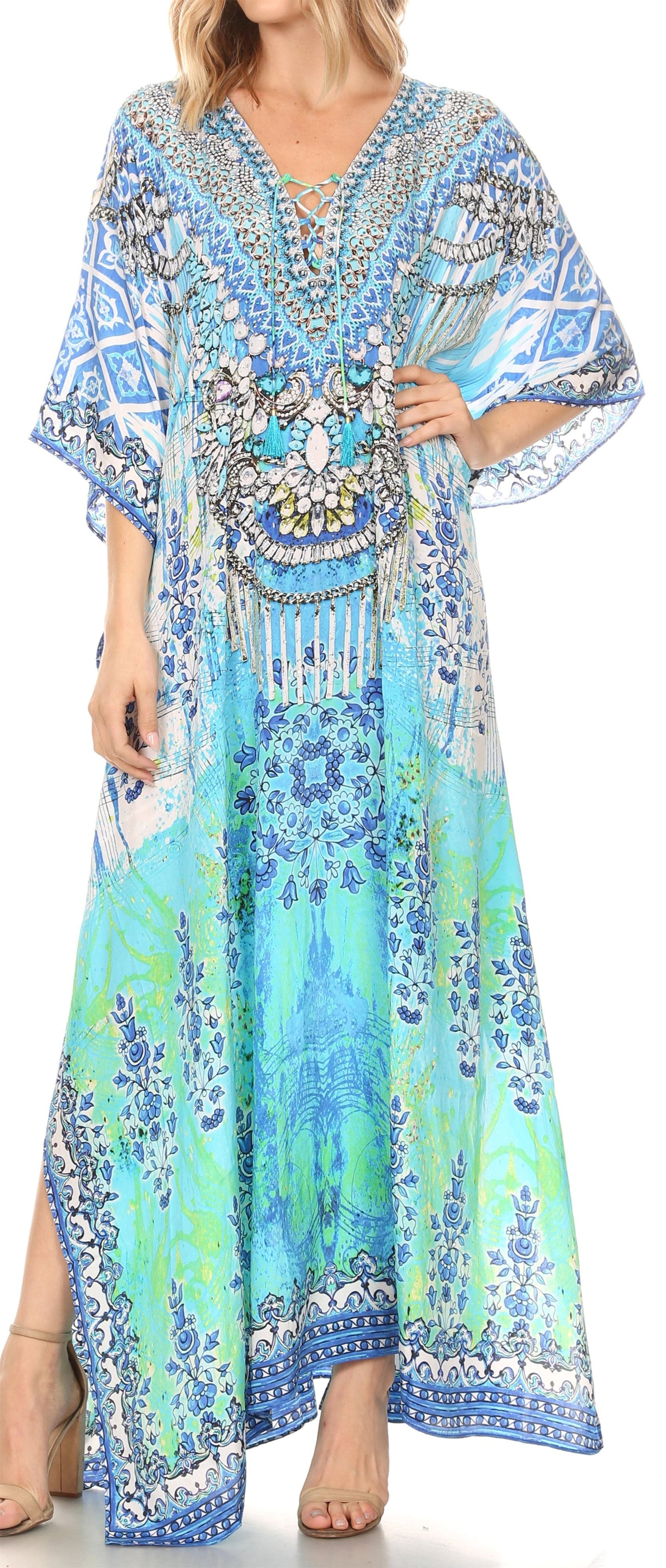 Sakkas Georgettina Flowy Rhinestone V Neck Long Caftan Dress/Cover Up - Concordia Style Boutique