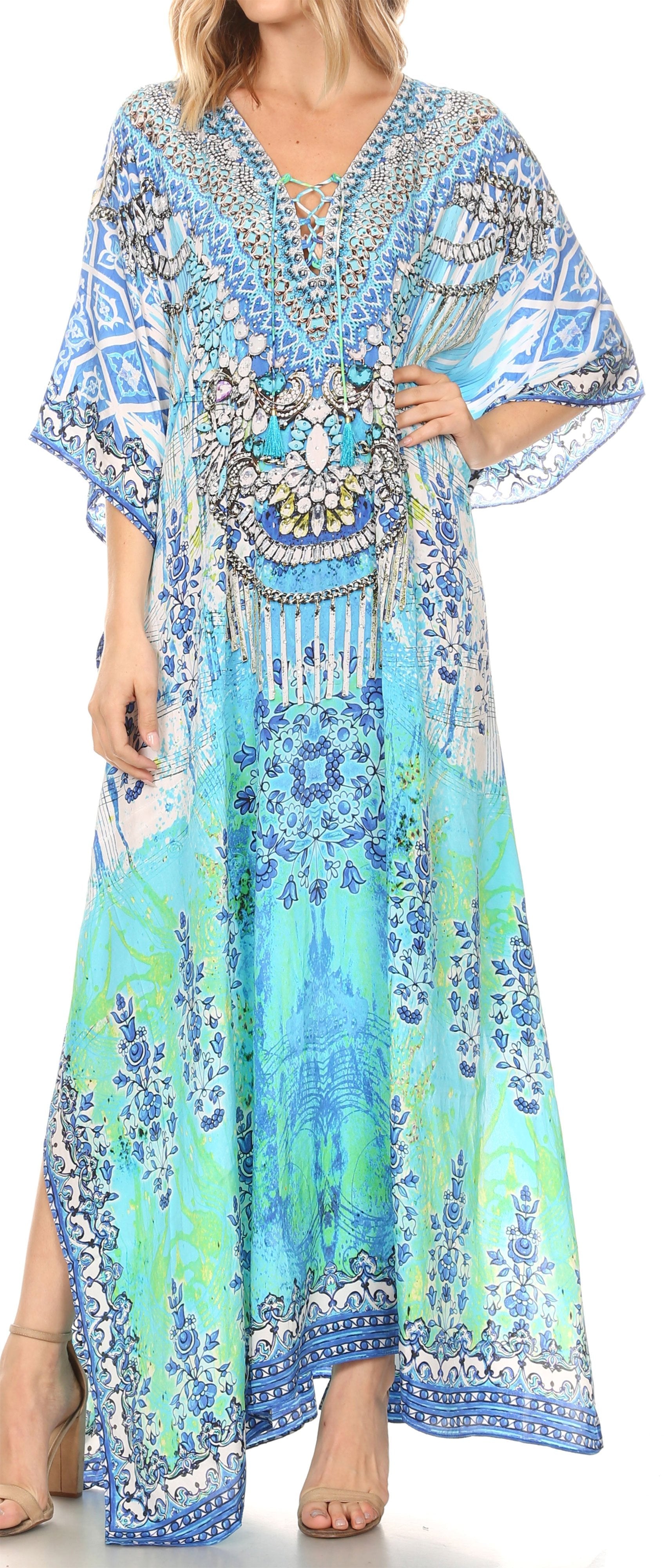 Sakkas Georgettina Flowy Rhinestone V Neck Long Caftan Dress/Cover Up - Concordia Style Boutique