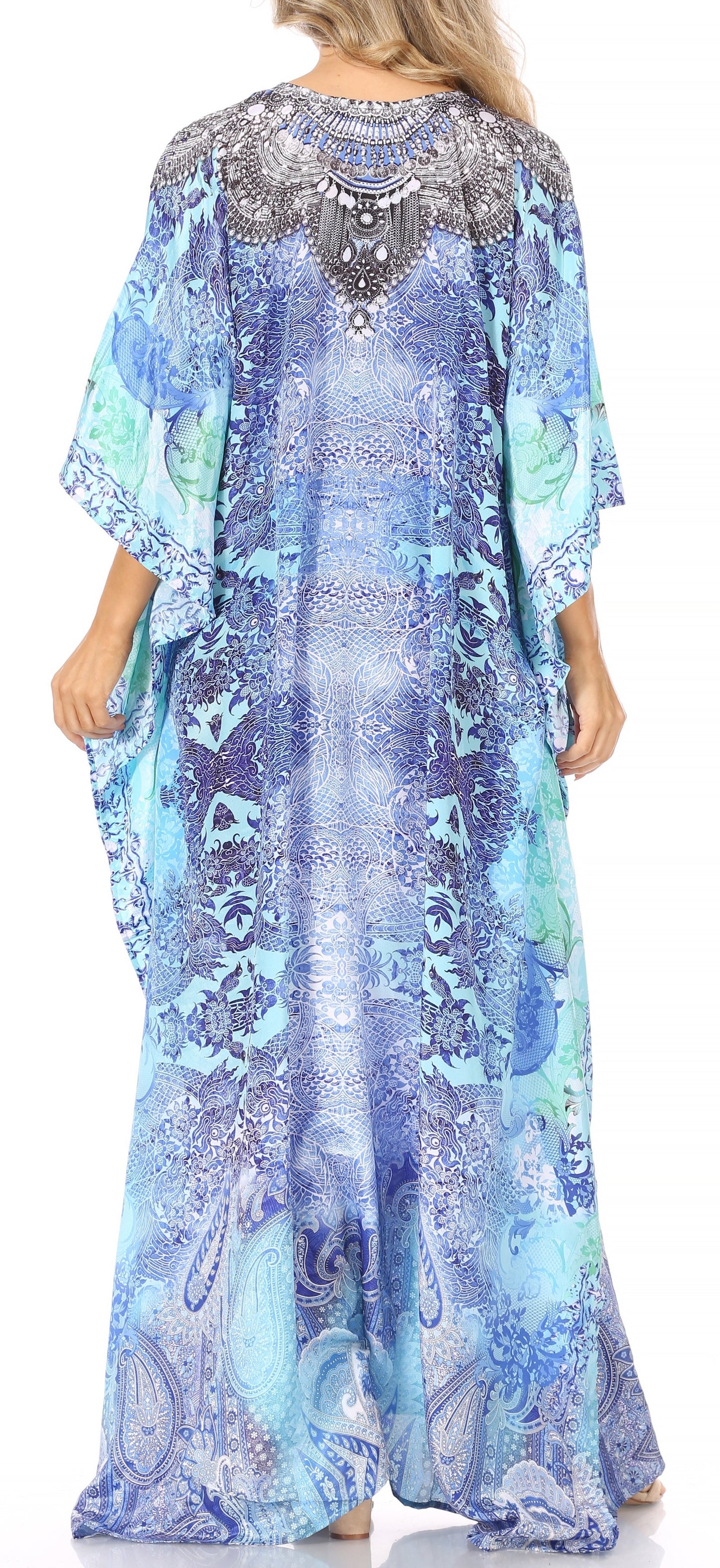 Sakkas Georgettina Flowy Rhinestone V Neck Long Caftan Dress/Cover Up - Concordia Style Boutique