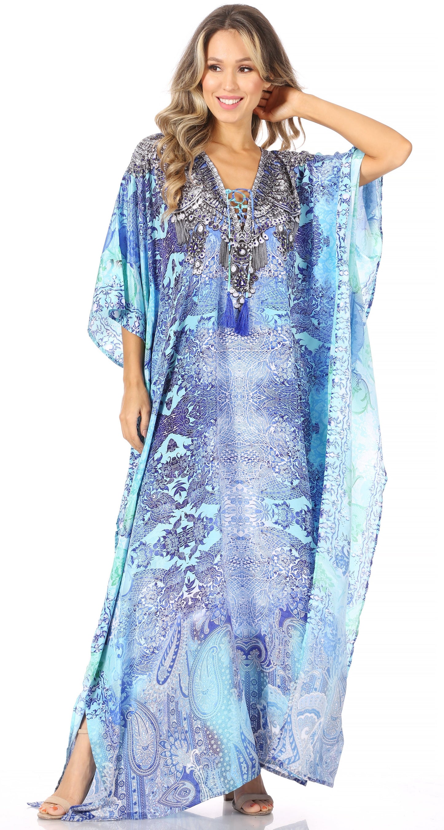 Sakkas Georgettina Flowy Rhinestone V Neck Long Caftan Dress/Cover Up - Concordia Style Boutique