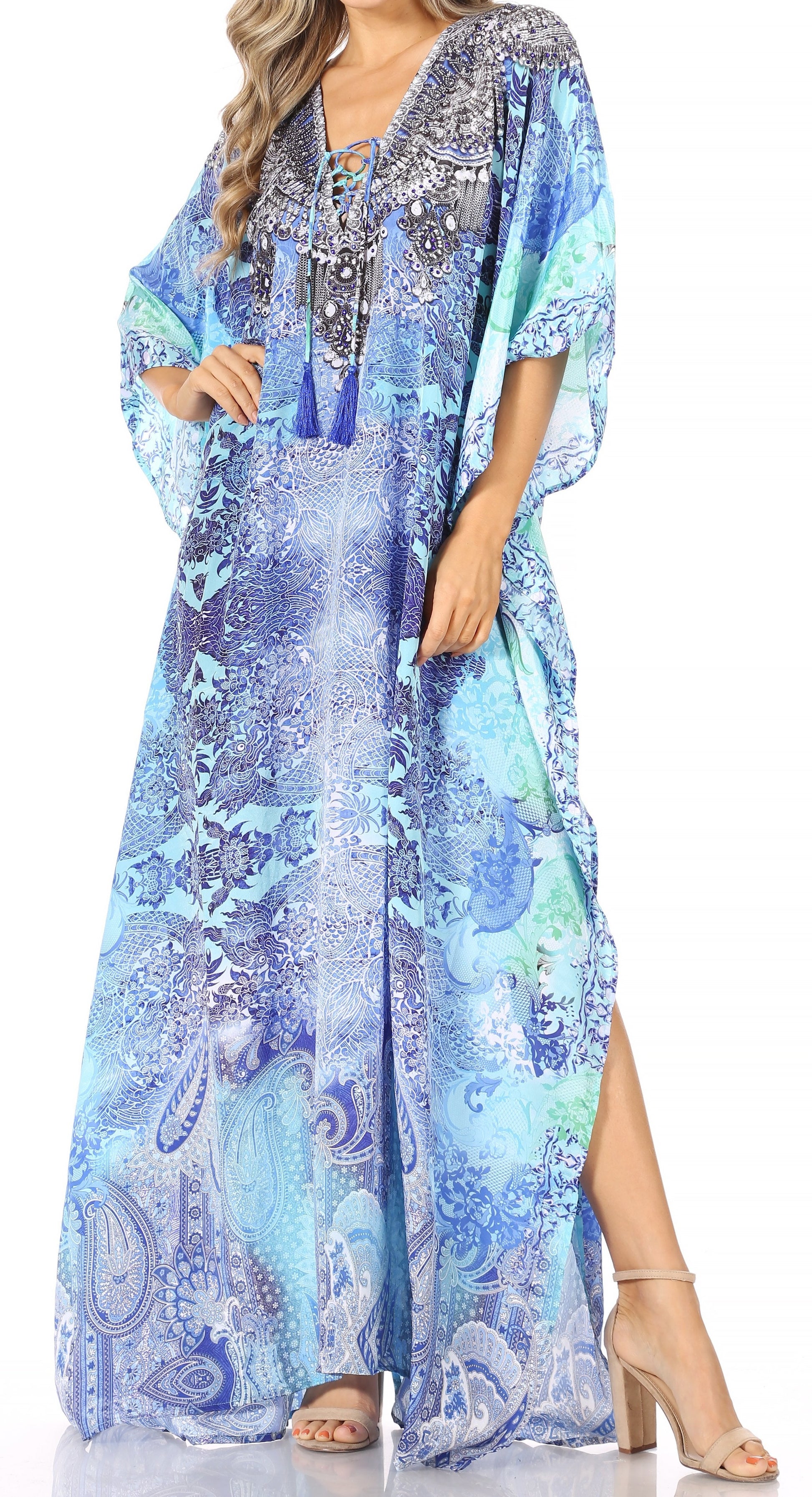 Sakkas Georgettina Flowy Rhinestone V Neck Long Caftan Dress/Cover Up - Concordia Style Boutique