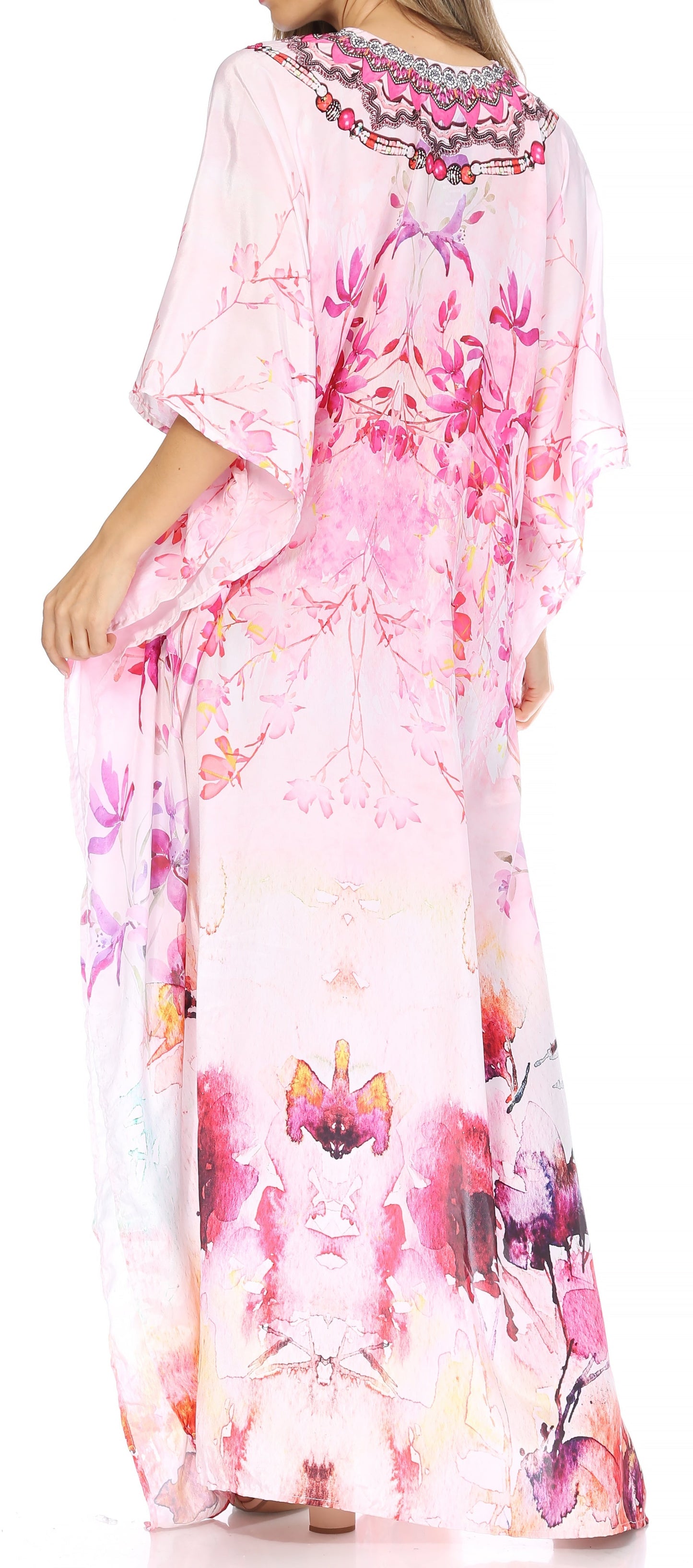 Sakkas Georgettina Flowy Rhinestone V Neck Long Caftan Dress/Cover Up - Concordia Style Boutique
