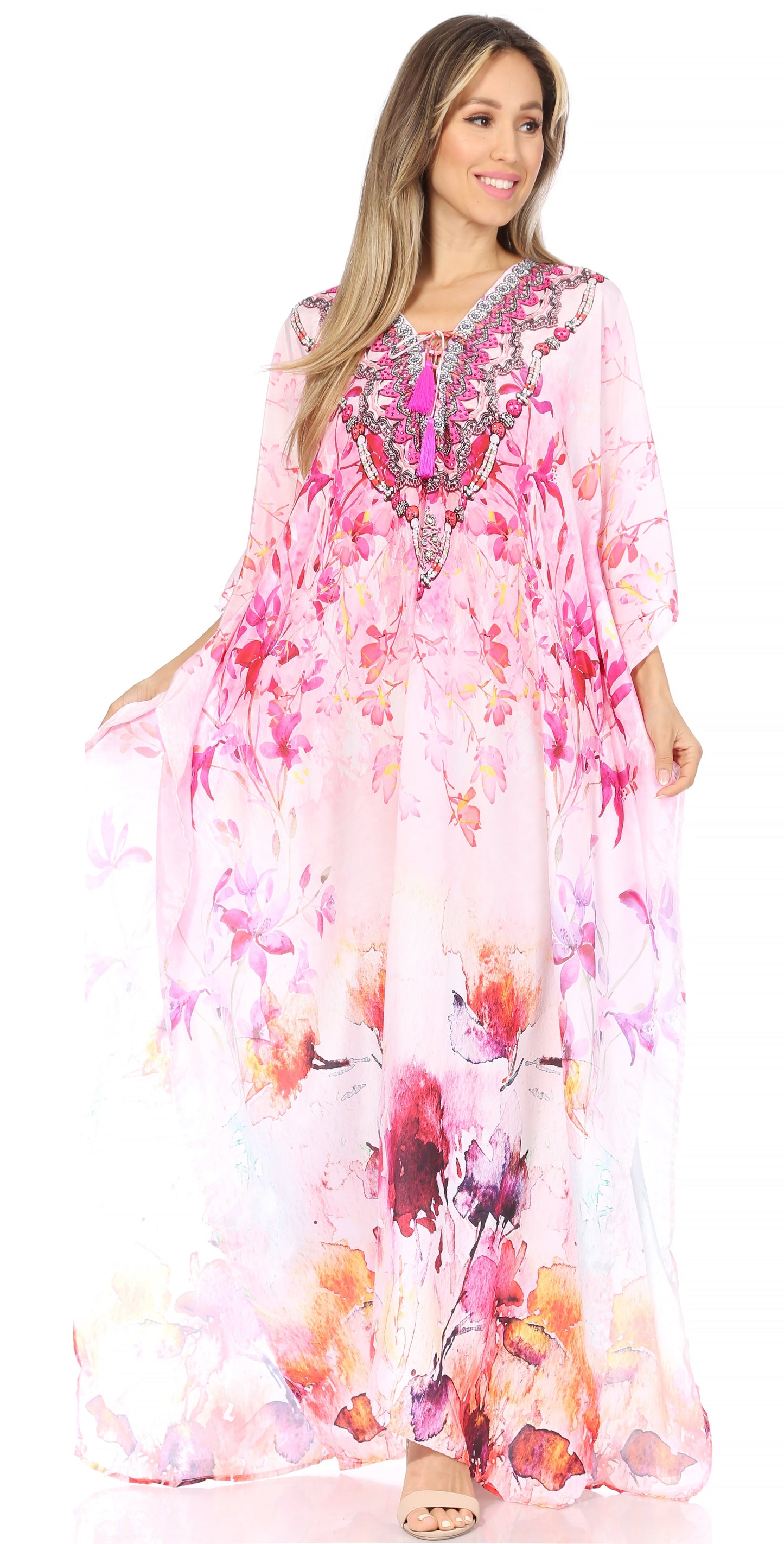 Sakkas Georgettina Flowy Rhinestone V Neck Long Caftan Dress/Cover Up - Concordia Style Boutique