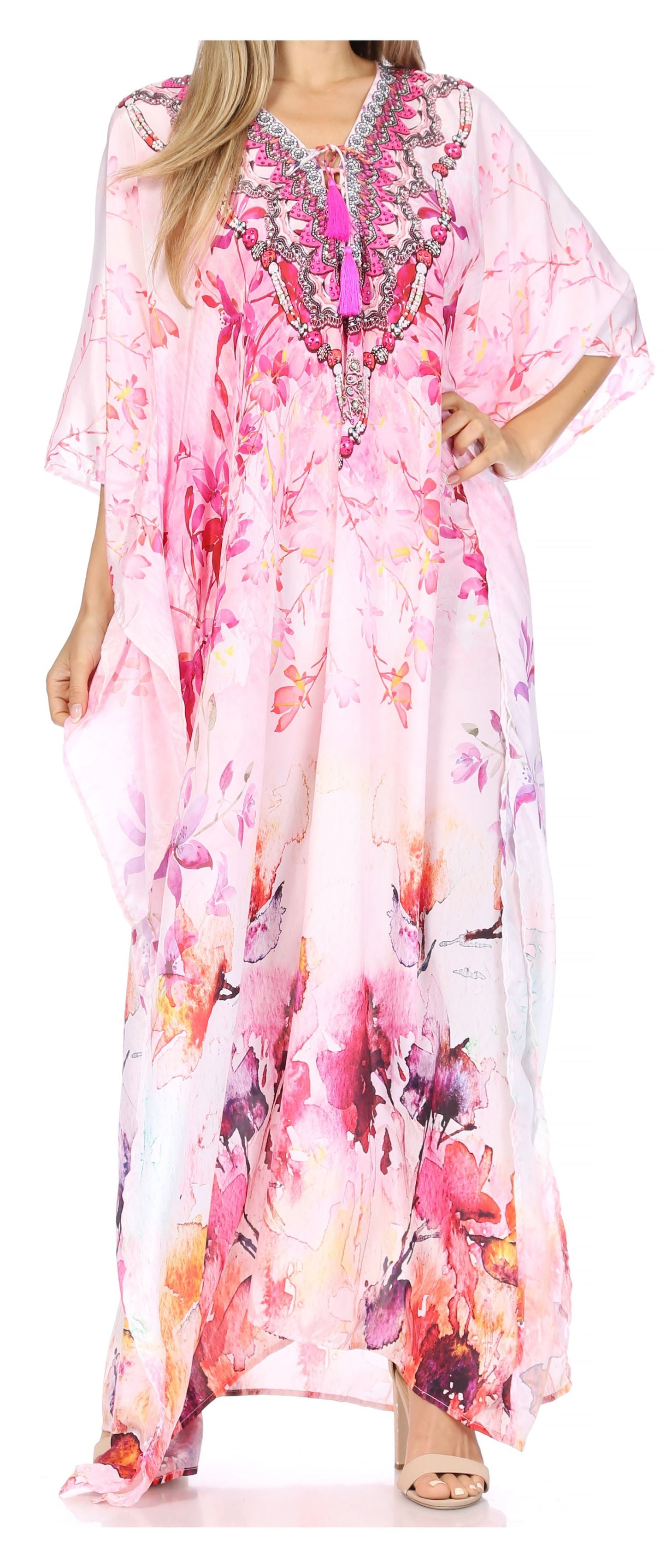 Sakkas Georgettina Flowy Rhinestone V Neck Long Caftan Dress/Cover Up - Concordia Style Boutique