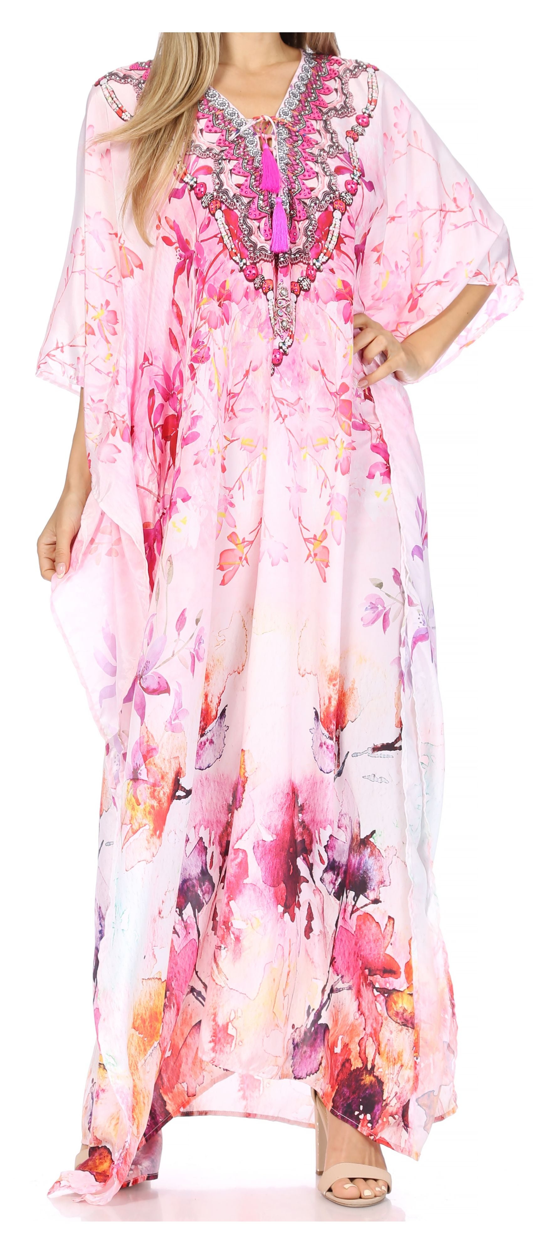 Sakkas Georgettina Flowy Rhinestone V Neck Long Caftan Dress/Cover Up - Concordia Style Boutique