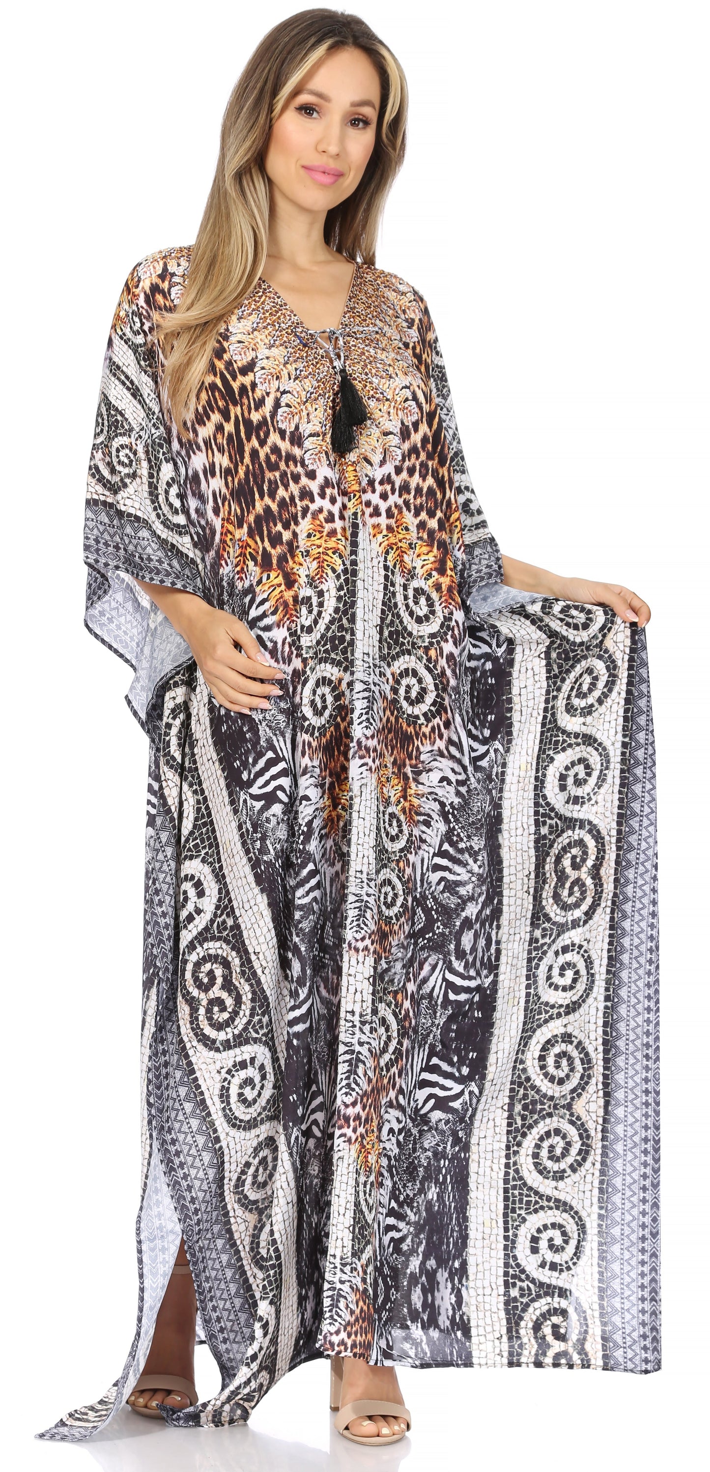 Sakkas Georgettina Flowy Rhinestone V Neck Long Caftan Dress/Cover Up - Concordia Style Boutique