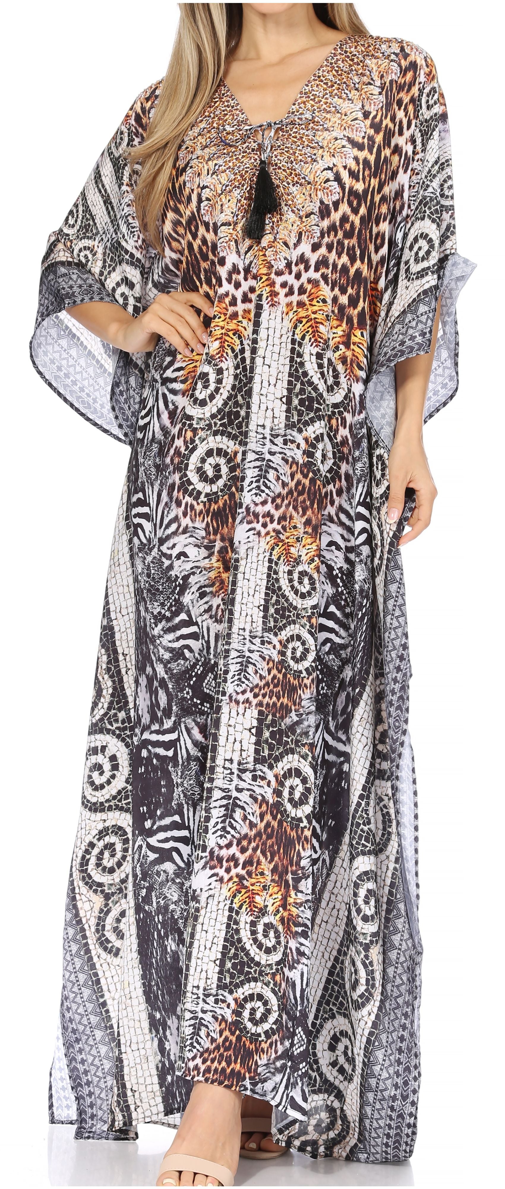 Sakkas Georgettina Flowy Rhinestone V Neck Long Caftan Dress/Cover Up - Concordia Style Boutique