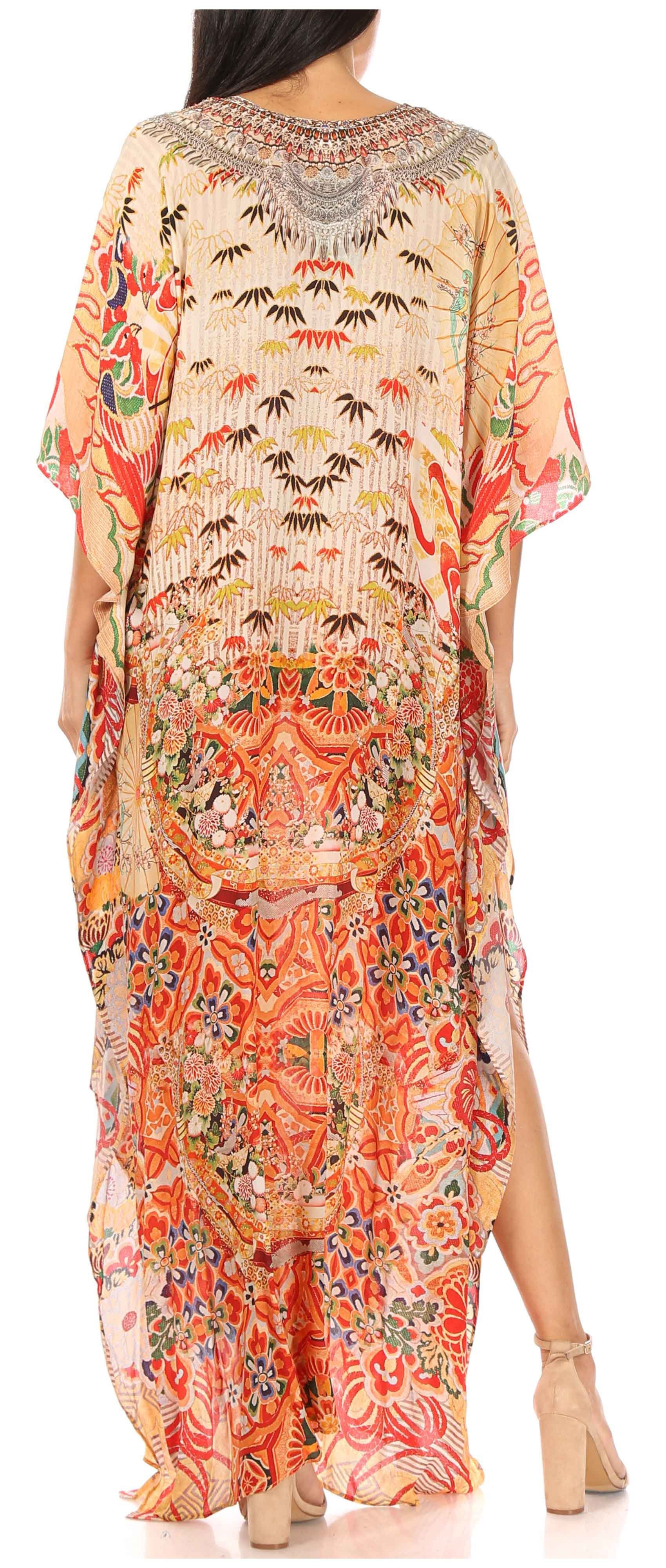 Sakkas Georgettina Flowy Rhinestone V Neck Long Caftan Dress/Cover Up - Concordia Style Boutique