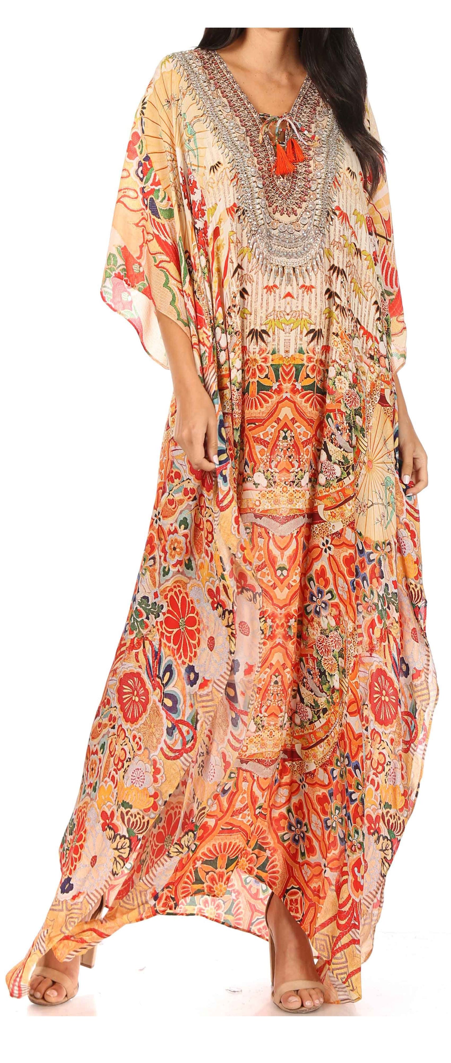Sakkas Georgettina Flowy Rhinestone V Neck Long Caftan Dress/Cover Up - Concordia Style Boutique