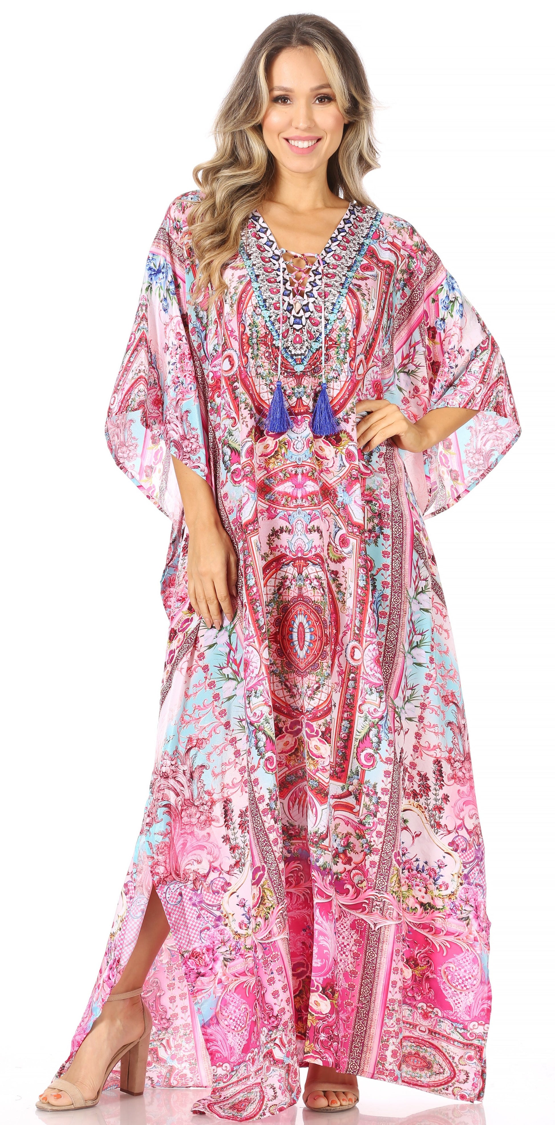Sakkas Georgettina Flowy Rhinestone V Neck Long Caftan Dress/Cover Up - Concordia Style Boutique