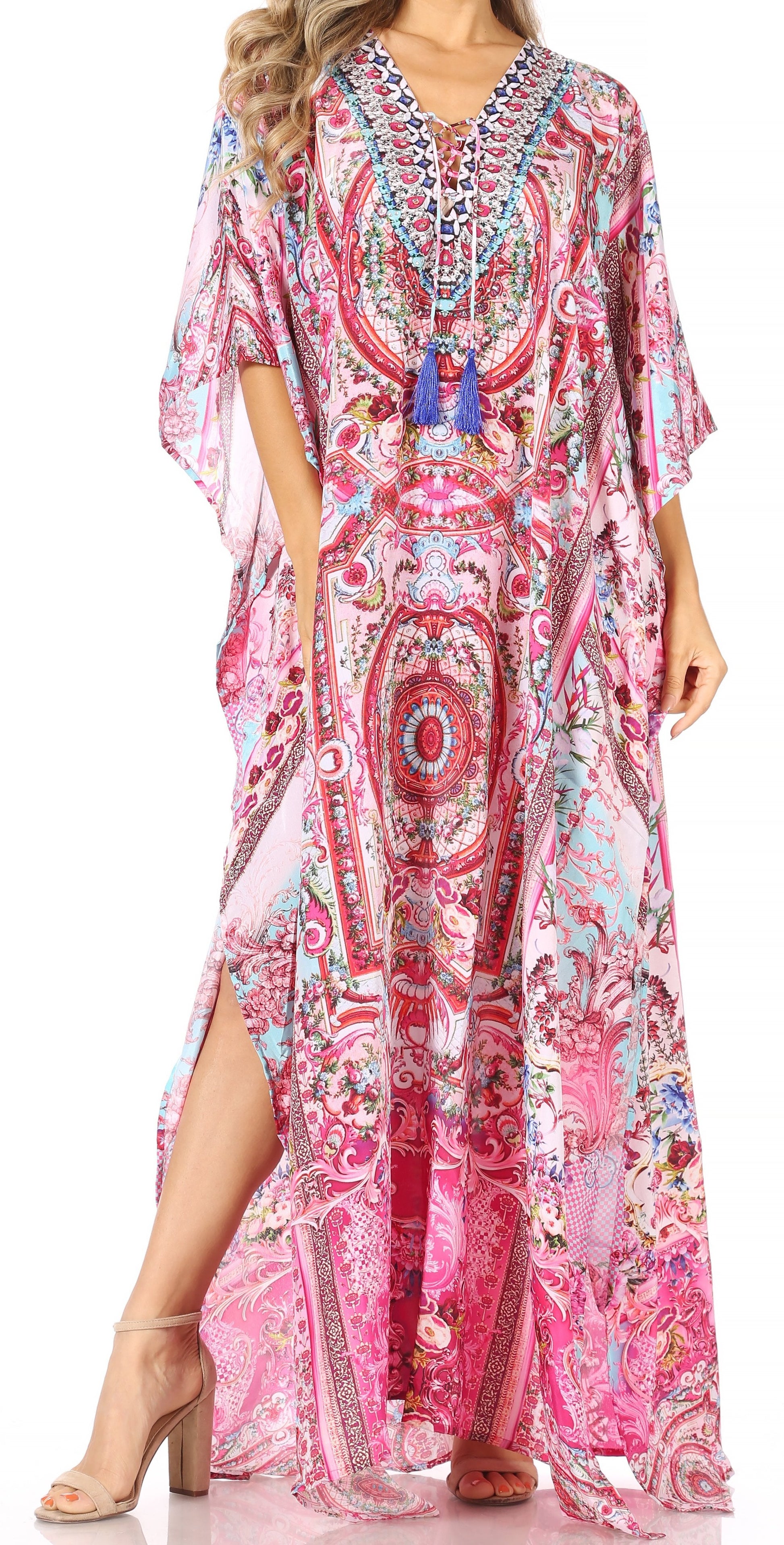 Sakkas Georgettina Flowy Rhinestone V Neck Long Caftan Dress/Cover Up - Concordia Style Boutique