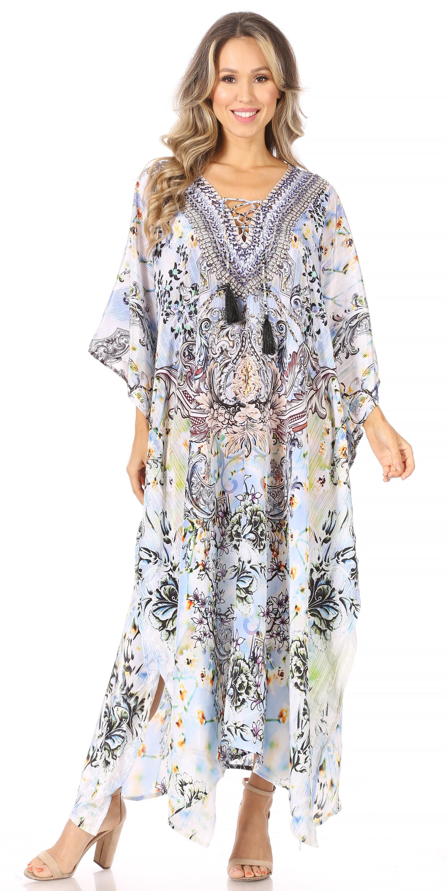 Sakkas Georgettina Flowy Rhinestone V Neck Long Caftan Dress/Cover Up - Concordia Style Boutique