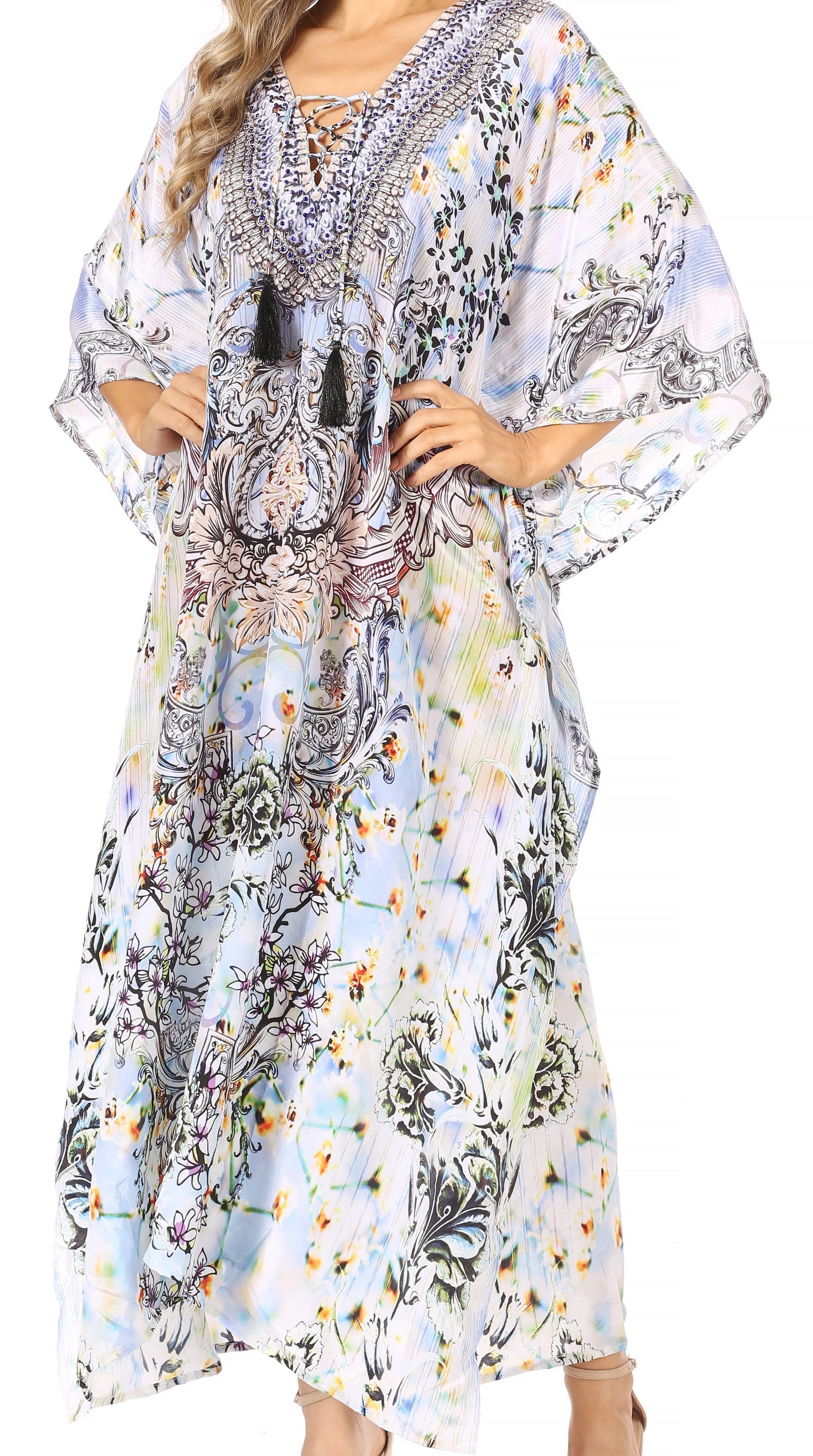 Sakkas Georgettina Flowy Rhinestone V Neck Long Caftan Dress/Cover Up - Concordia Style Boutique
