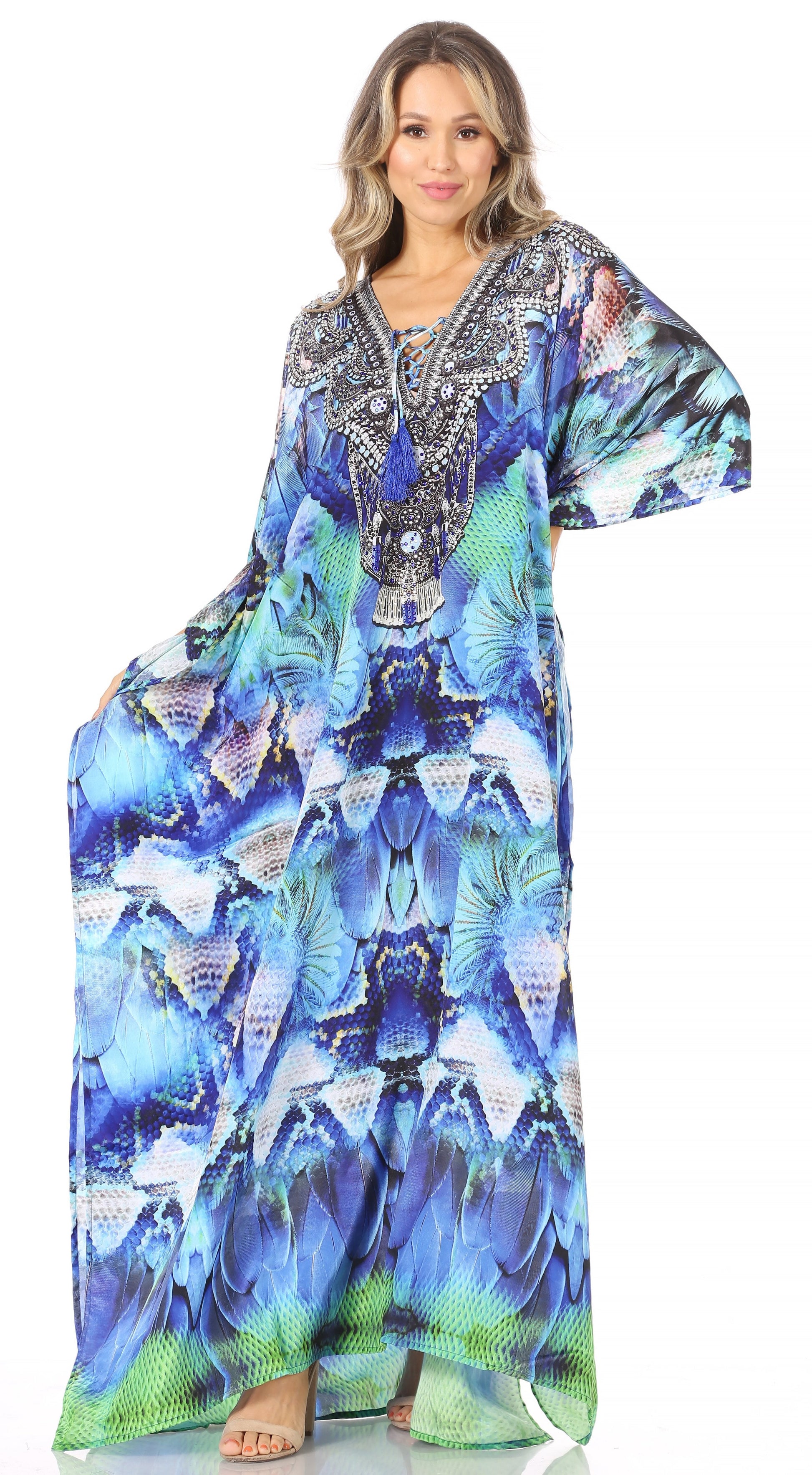 Sakkas Georgettina Flowy Rhinestone V Neck Long Caftan Dress/Cover Up - Concordia Style Boutique
