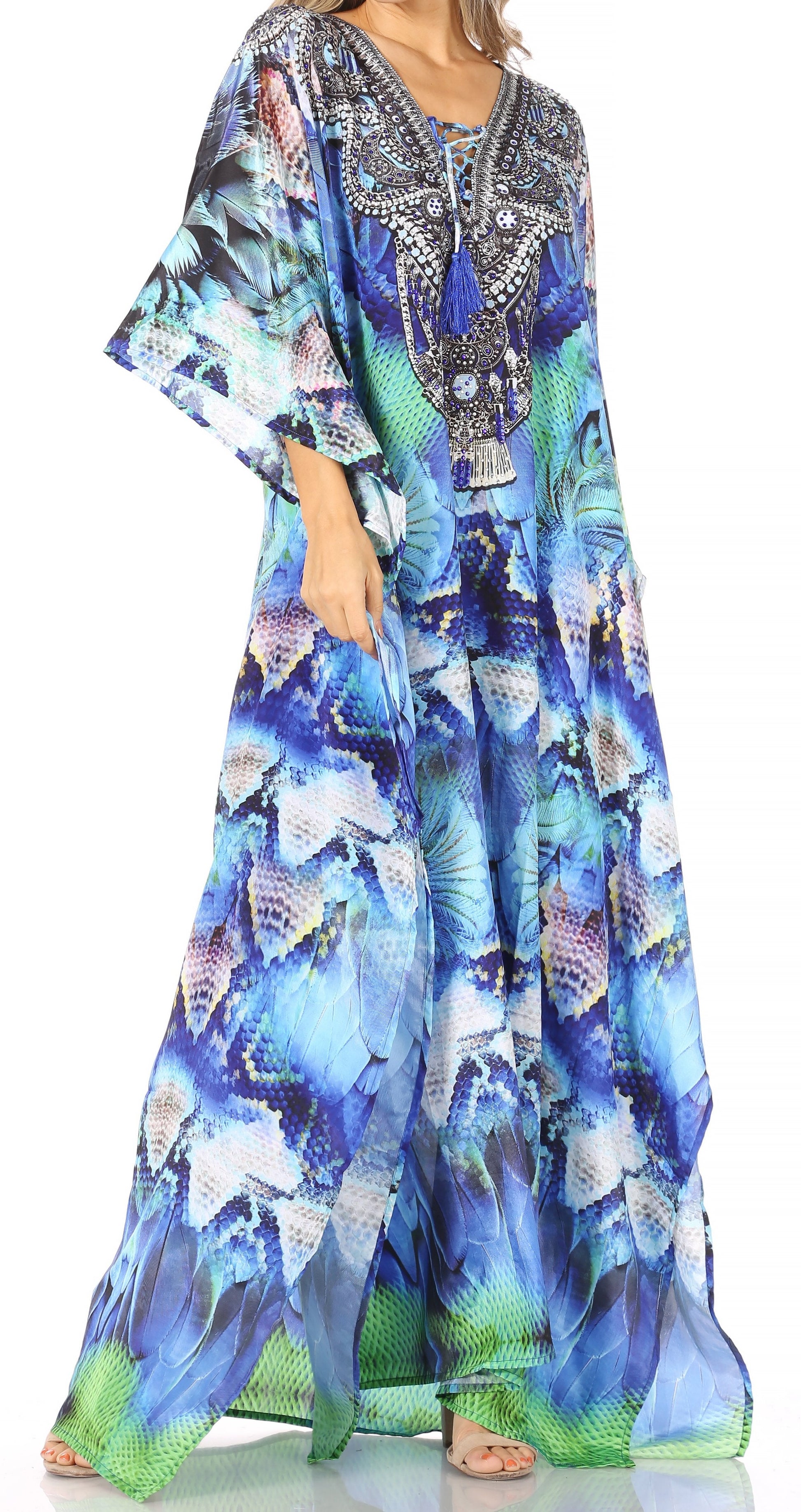 Sakkas Georgettina Flowy Rhinestone V Neck Long Caftan Dress/Cover Up - Concordia Style Boutique