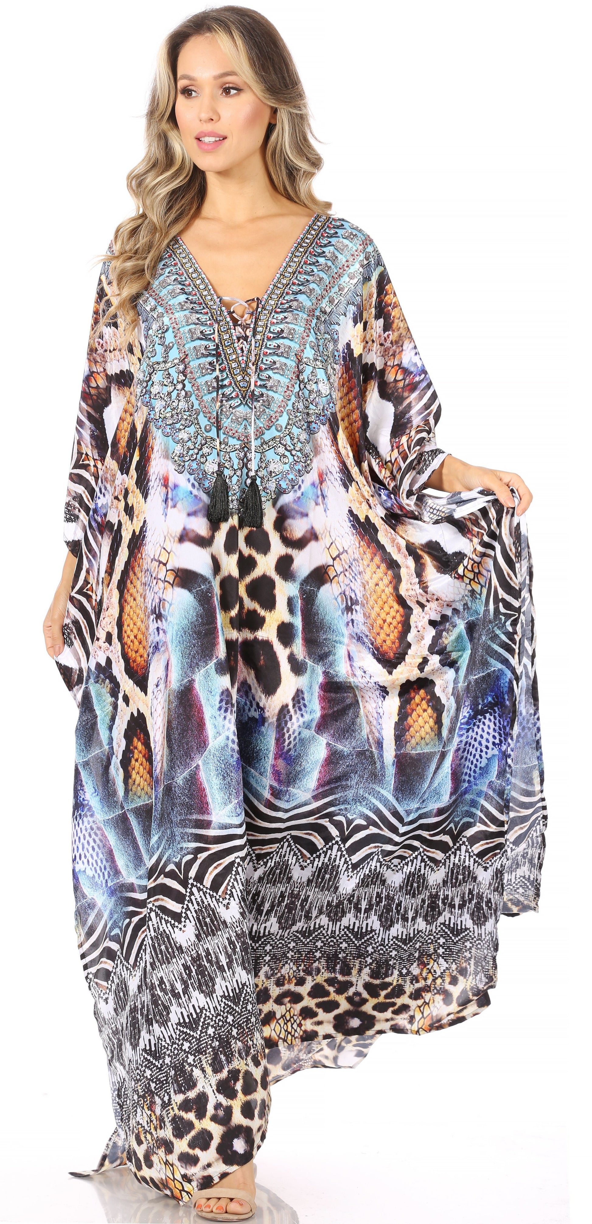Sakkas Georgettina Flowy Rhinestone V Neck Long Caftan Dress/Cover Up - Concordia Style Boutique