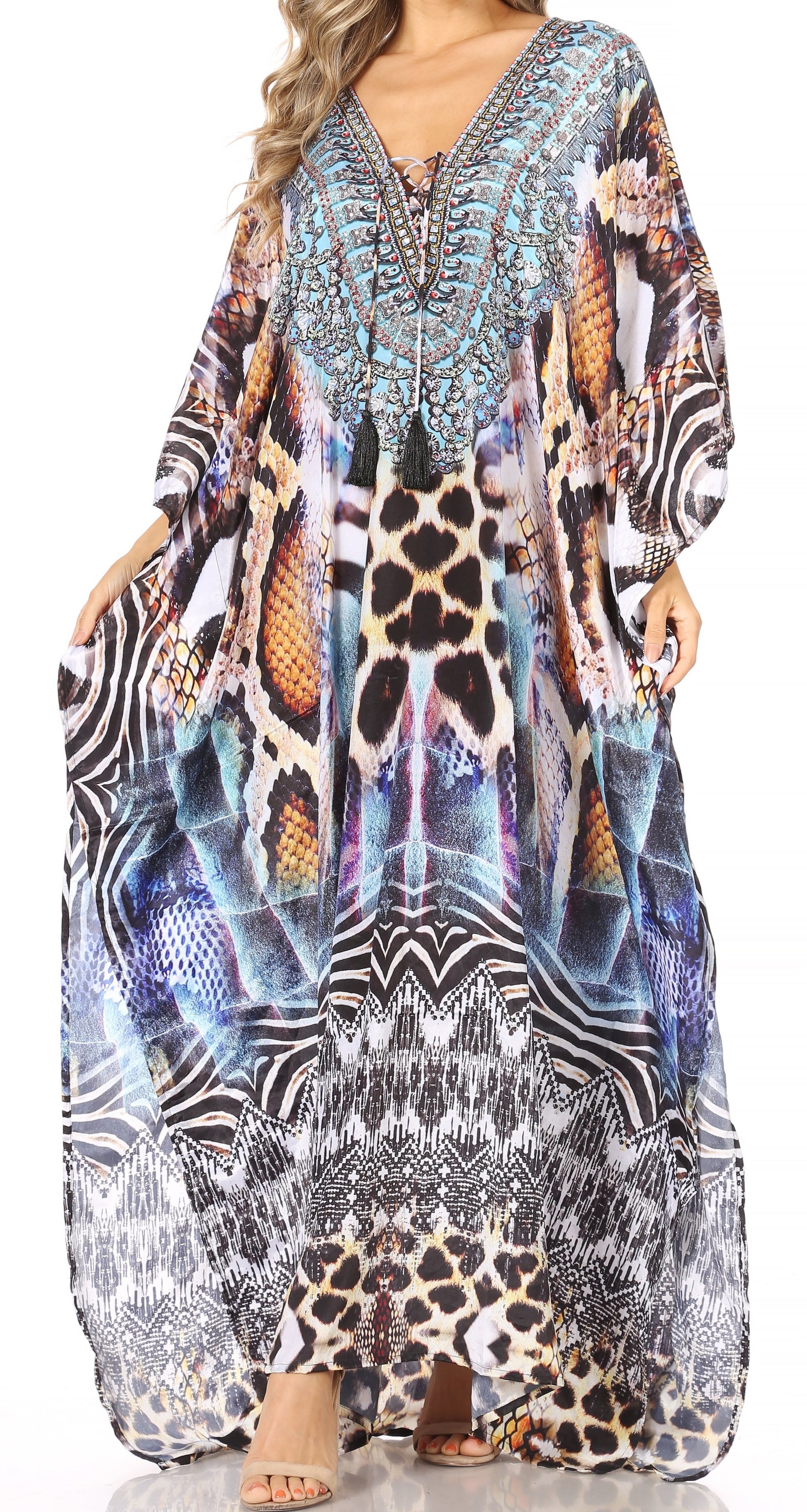 Sakkas Georgettina Flowy Rhinestone V Neck Long Caftan Dress/Cover Up - Concordia Style Boutique