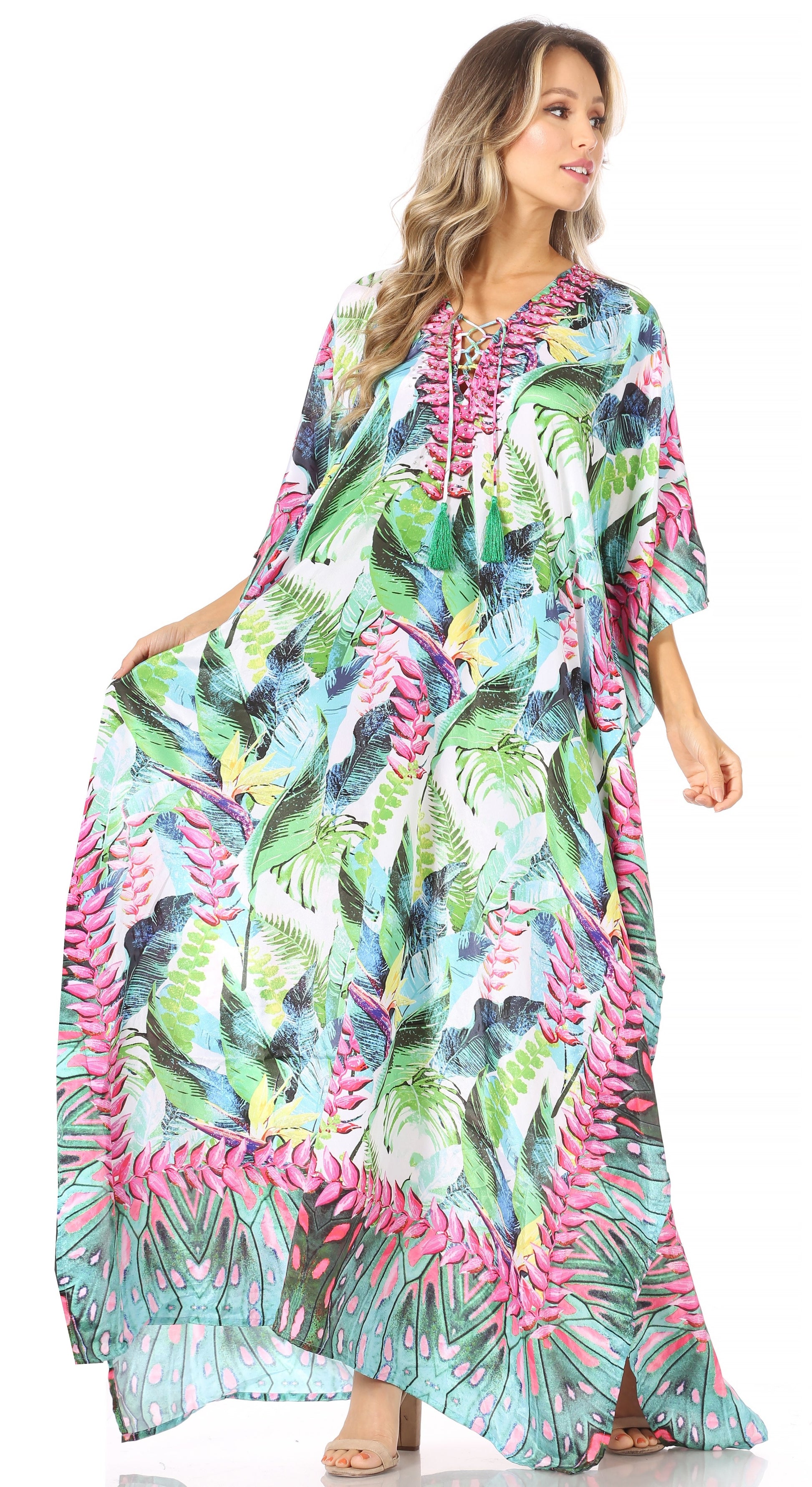 Sakkas Georgettina Flowy Rhinestone V Neck Long Caftan Dress/Cover Up - Concordia Style Boutique