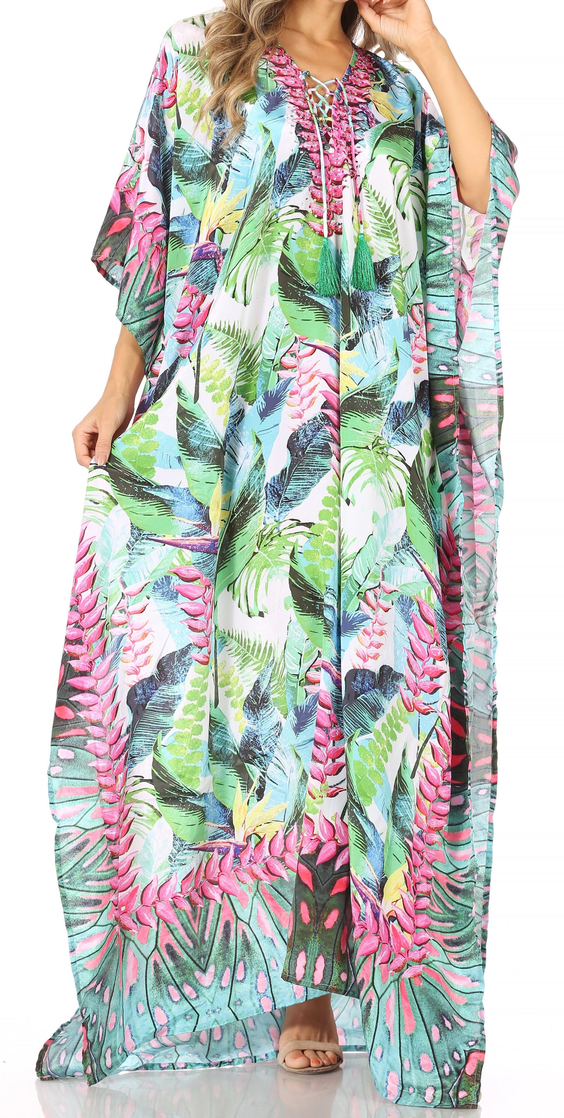 Sakkas Georgettina Flowy Rhinestone V Neck Long Caftan Dress/Cover Up - Concordia Style Boutique
