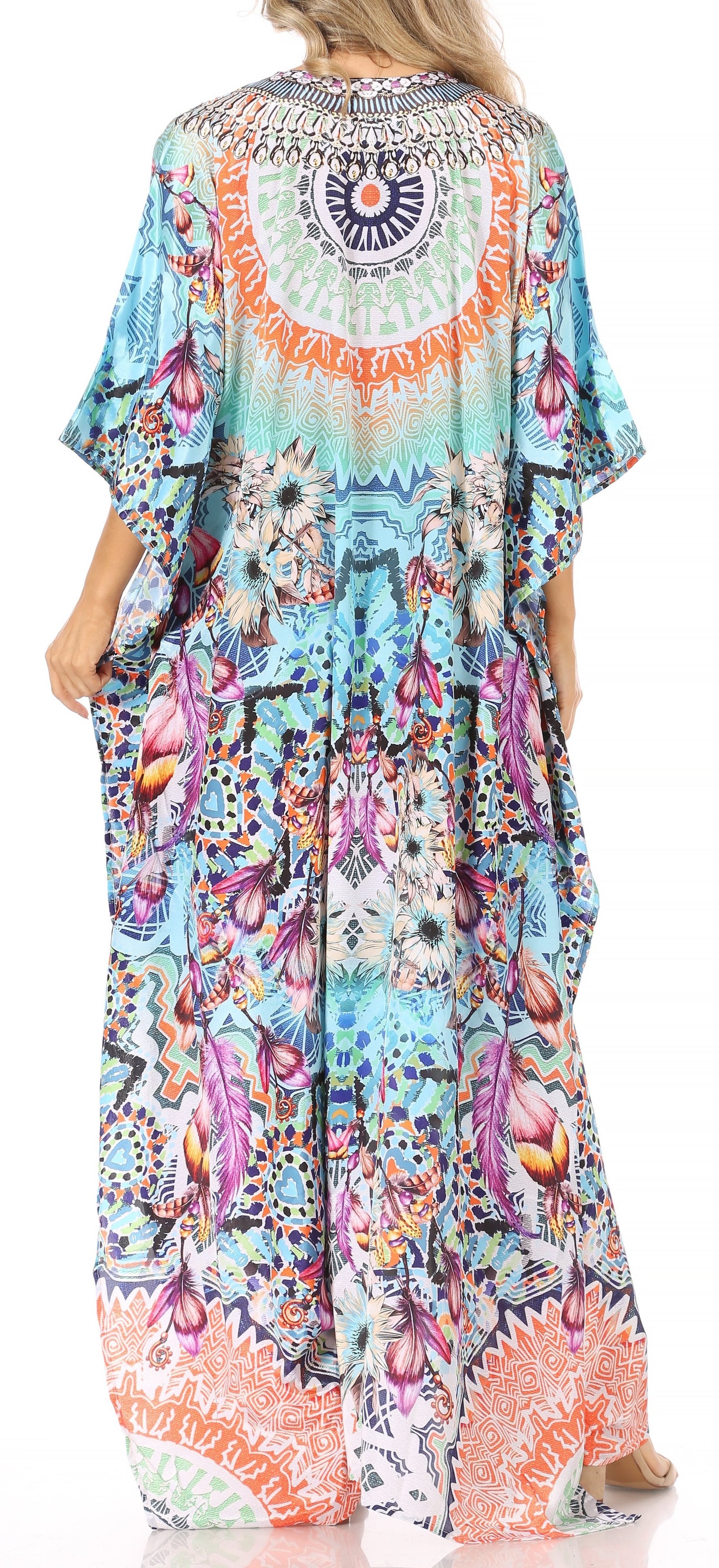 Sakkas Georgettina Flowy Rhinestone V Neck Long Caftan Dress/Cover Up - Concordia Style Boutique