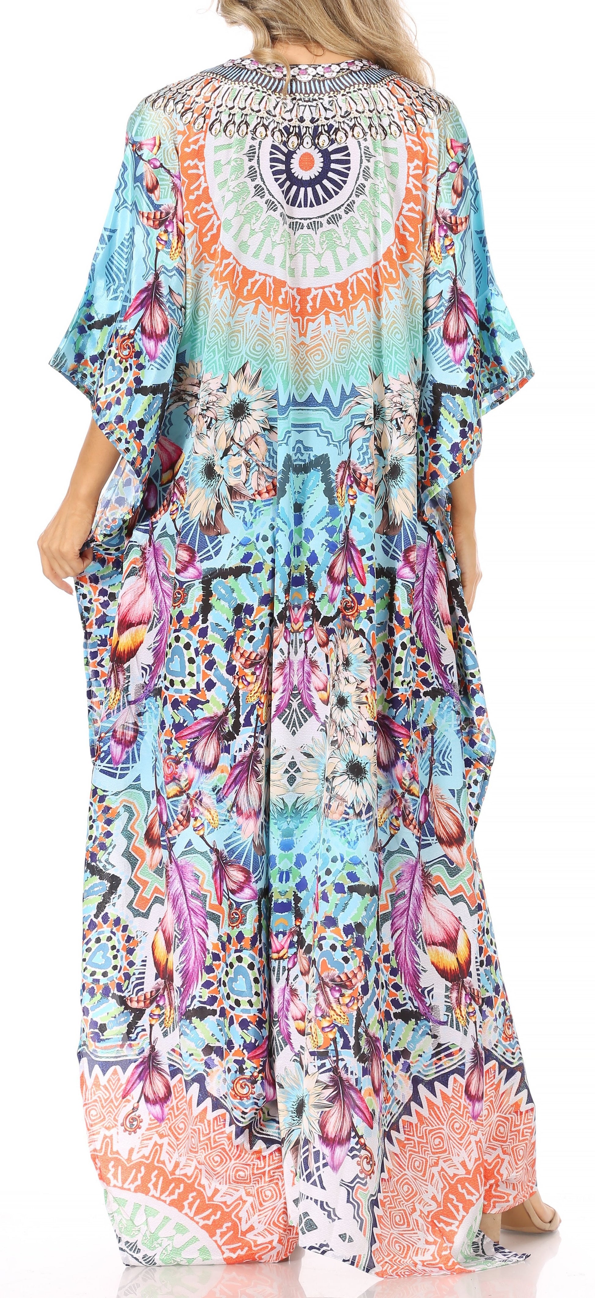 Sakkas Georgettina Flowy Rhinestone V Neck Long Caftan Dress/Cover Up - Concordia Style Boutique
