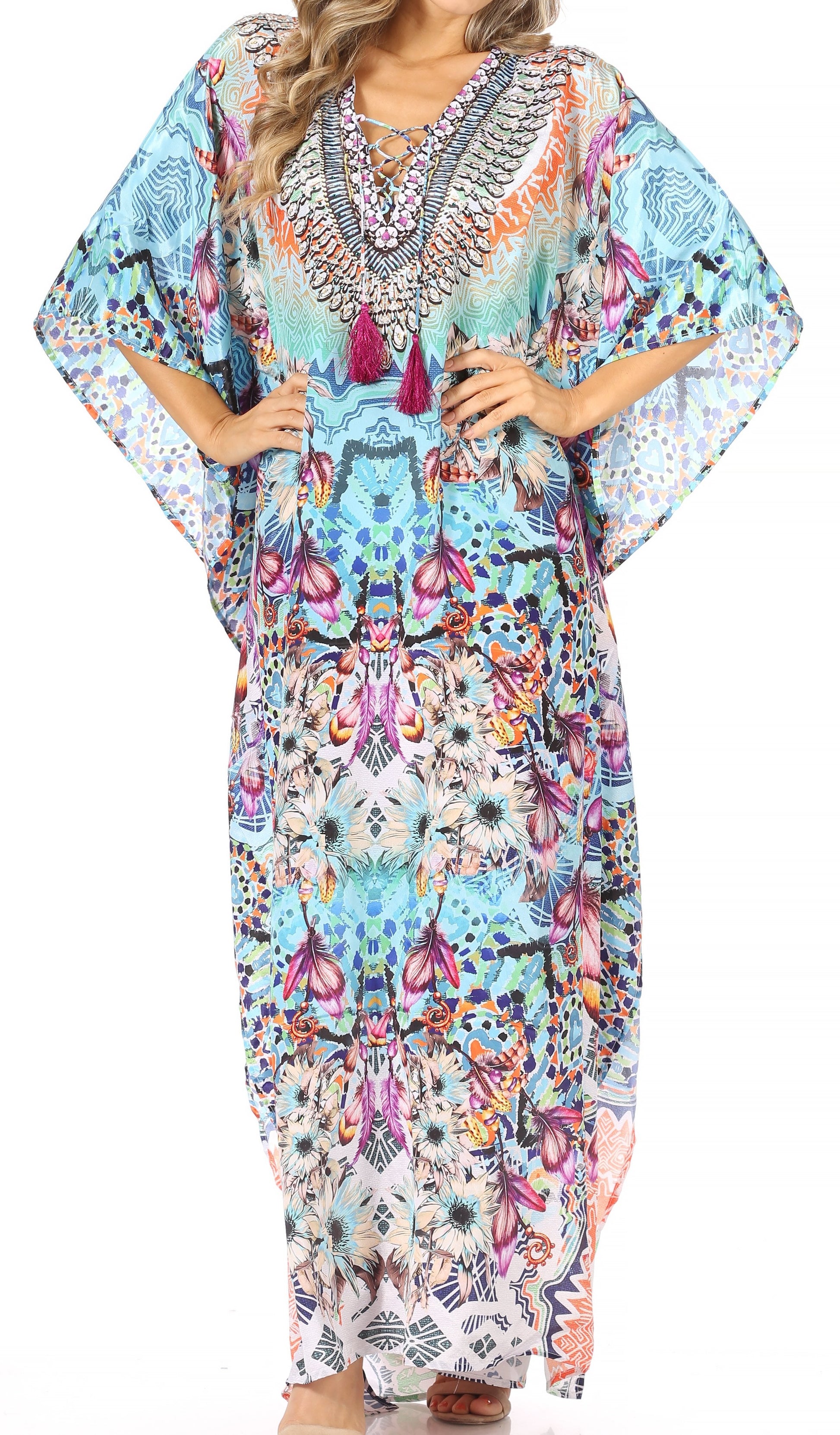 Sakkas Georgettina Flowy Rhinestone V Neck Long Caftan Dress/Cover Up - Concordia Style Boutique