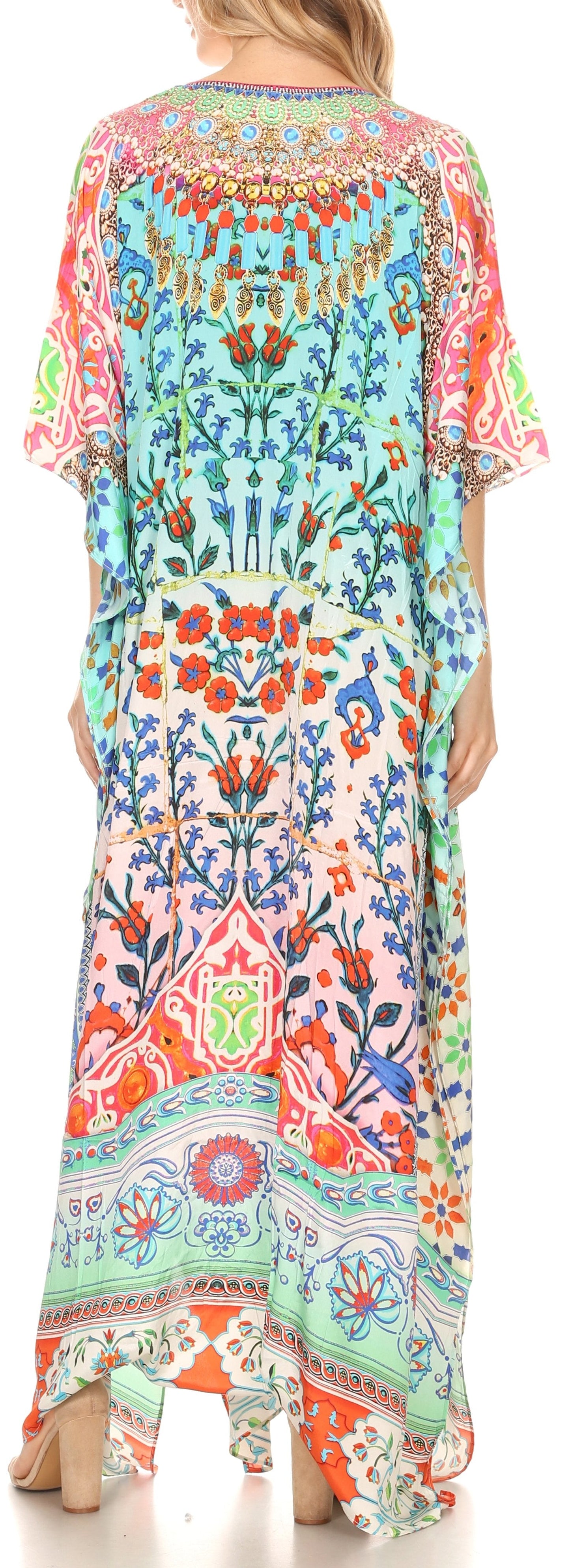 Sakkas Georgettina Flowy Rhinestone V Neck Long Caftan Dress/Cover Up - Concordia Style Boutique