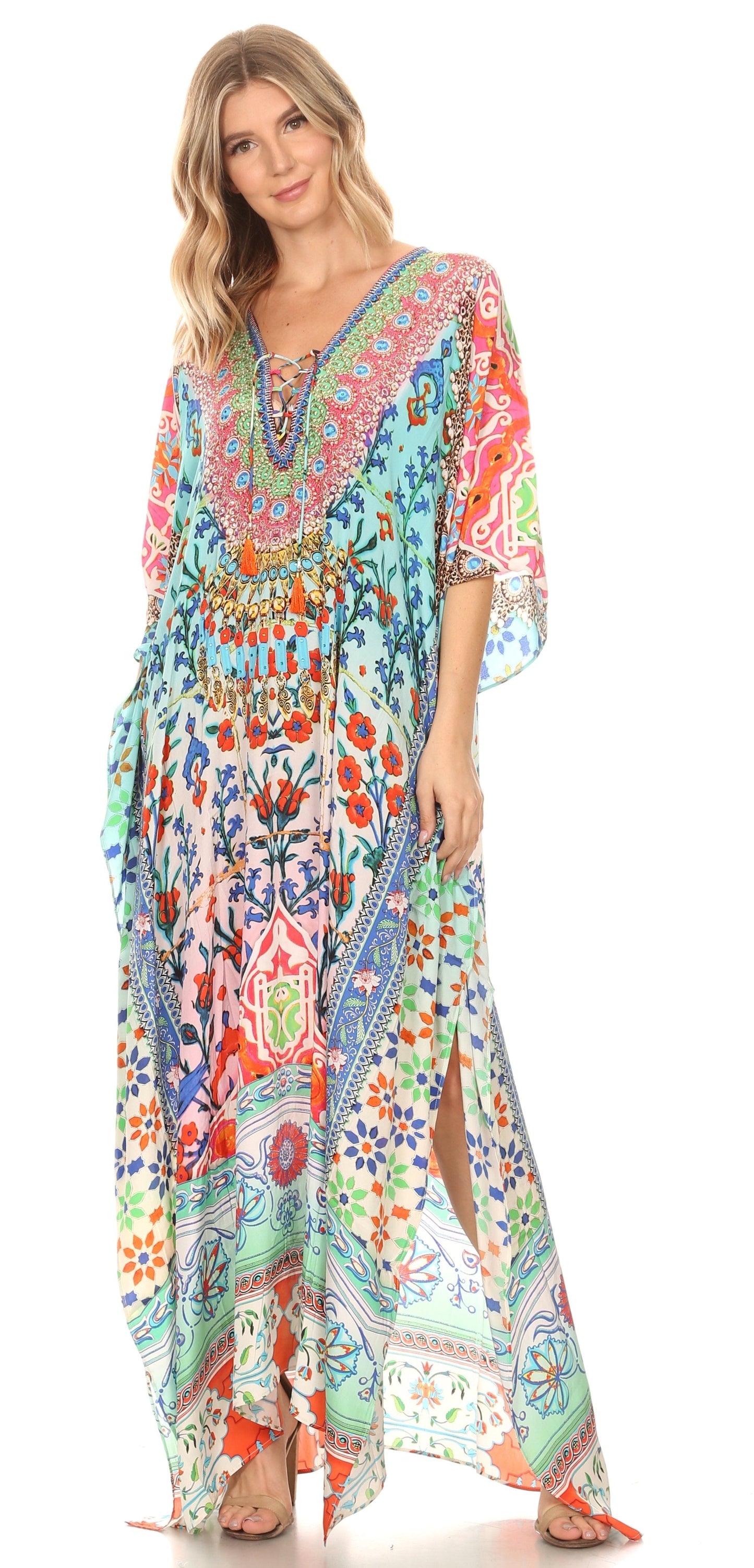 Sakkas Georgettina Flowy Rhinestone V Neck Long Caftan Dress/Cover Up - Concordia Style Boutique
