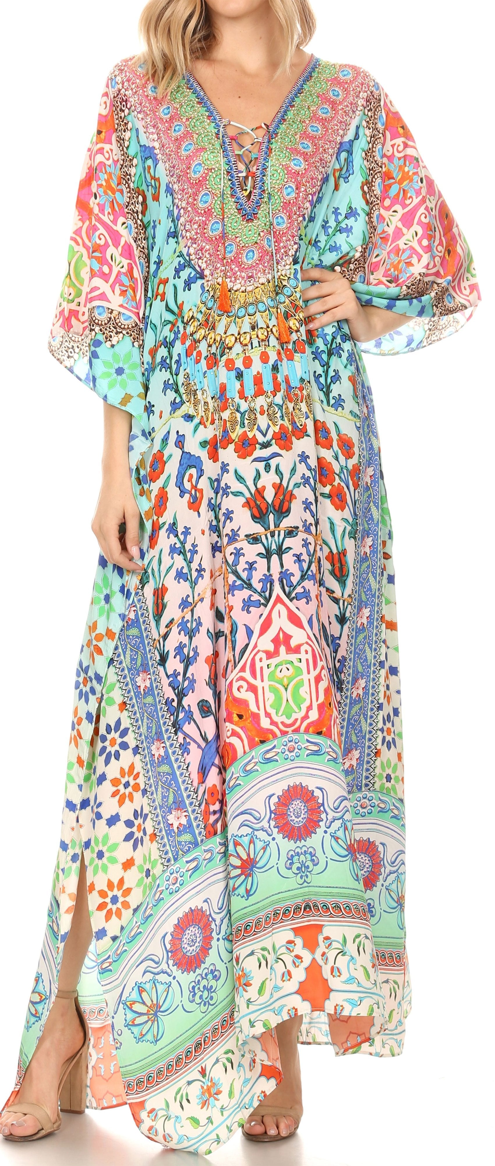 Sakkas Georgettina Flowy Rhinestone V Neck Long Caftan Dress/Cover Up - Concordia Style Boutique
