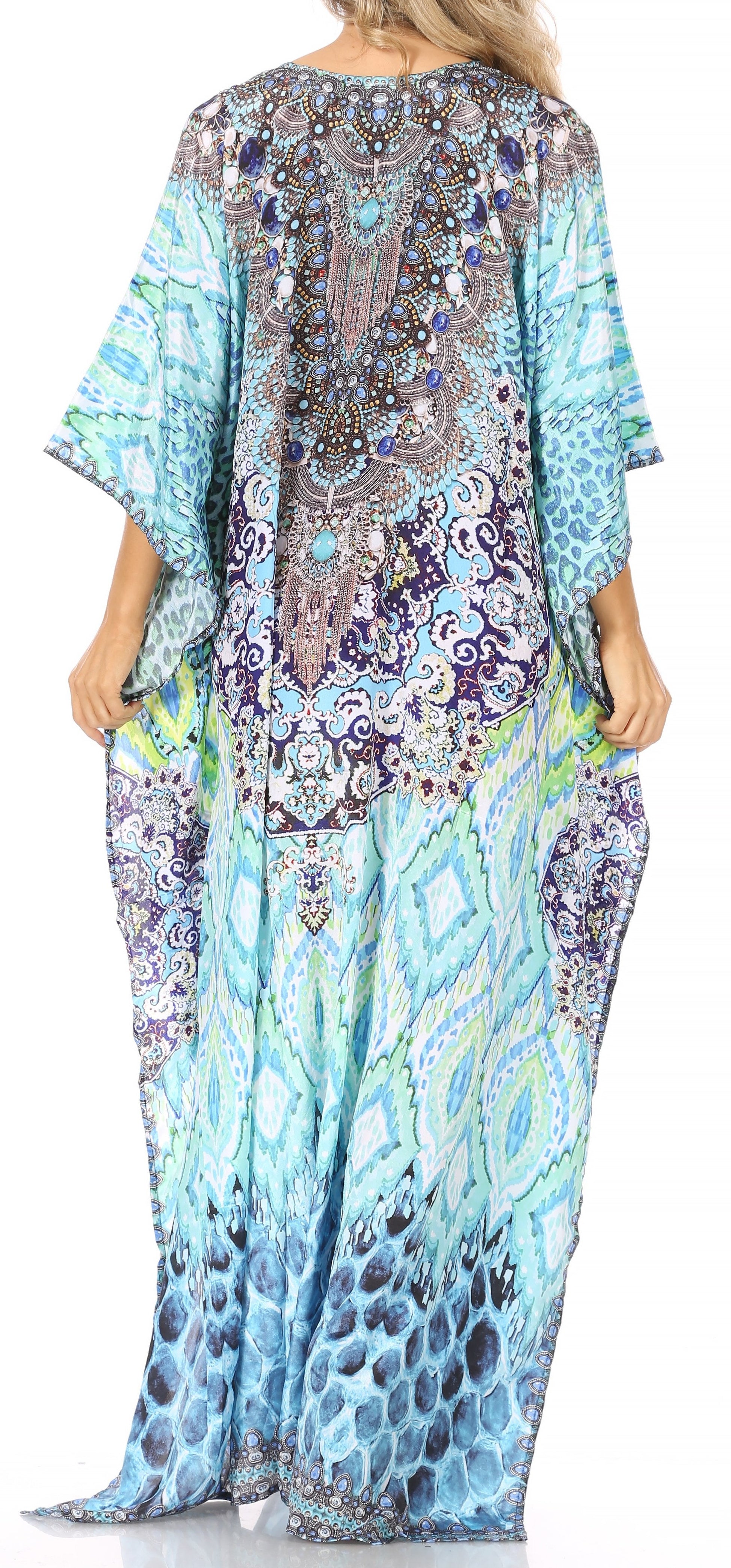 Sakkas Georgettina Flowy Rhinestone V Neck Long Caftan Dress/Cover Up - Concordia Style Boutique
