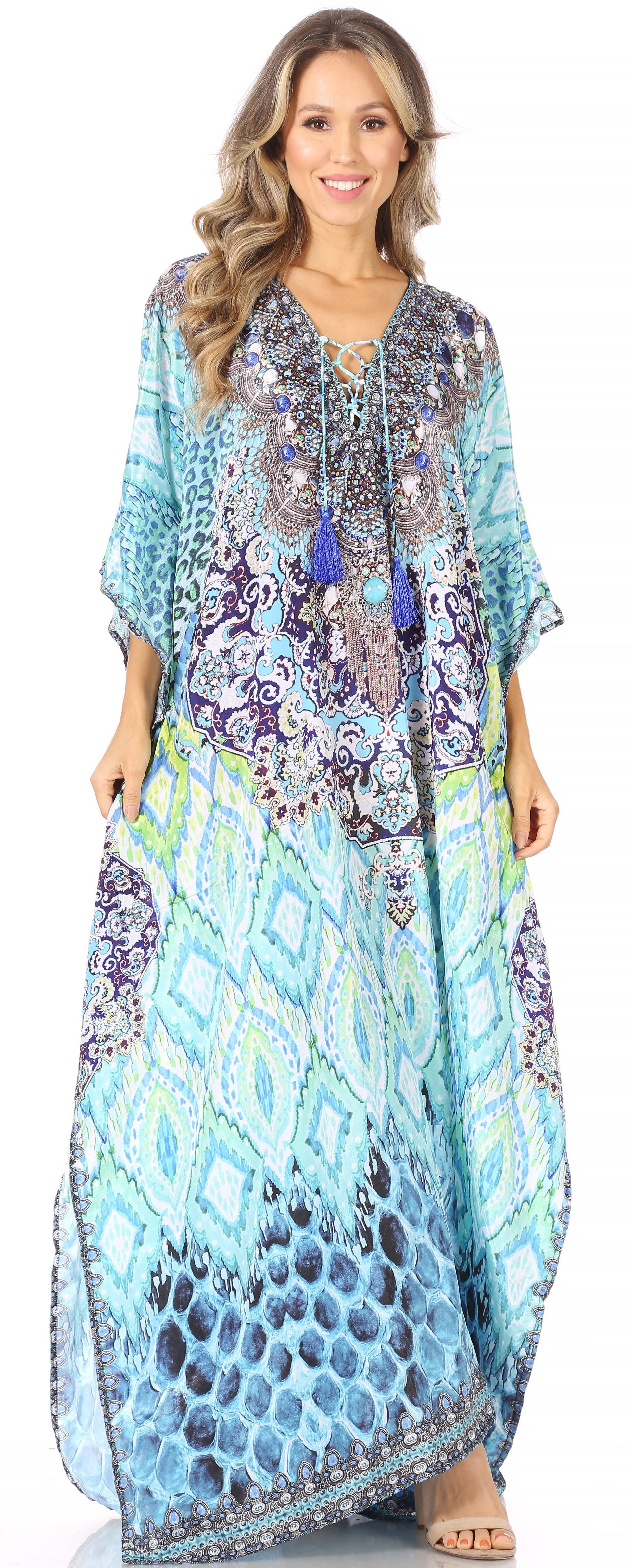 Sakkas Georgettina Flowy Rhinestone V Neck Long Caftan Dress/Cover Up - Concordia Style Boutique