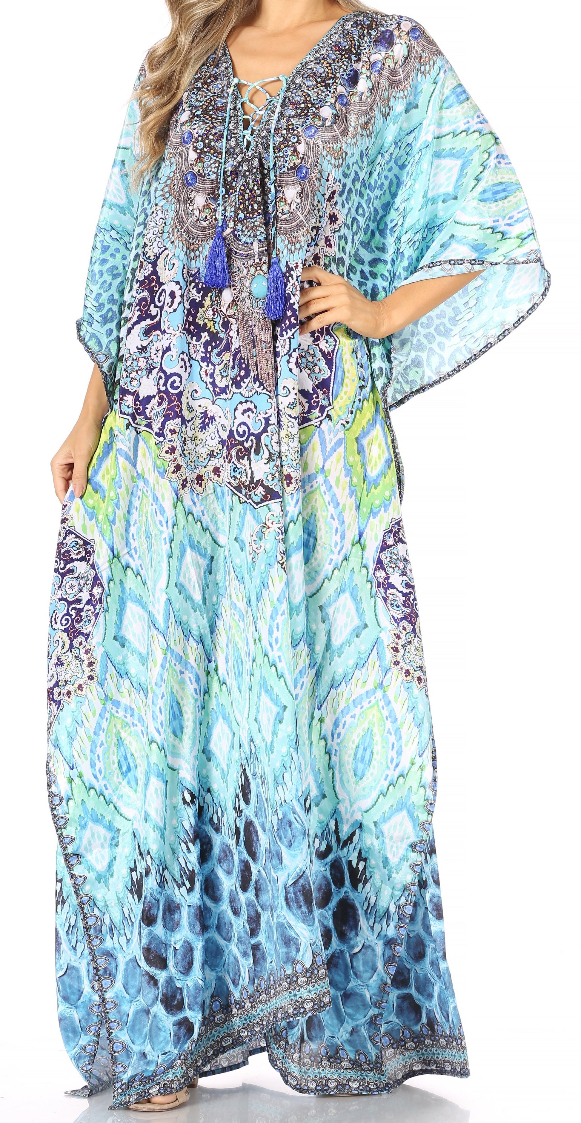 Sakkas Georgettina Flowy Rhinestone V Neck Long Caftan Dress/Cover Up - Concordia Style Boutique