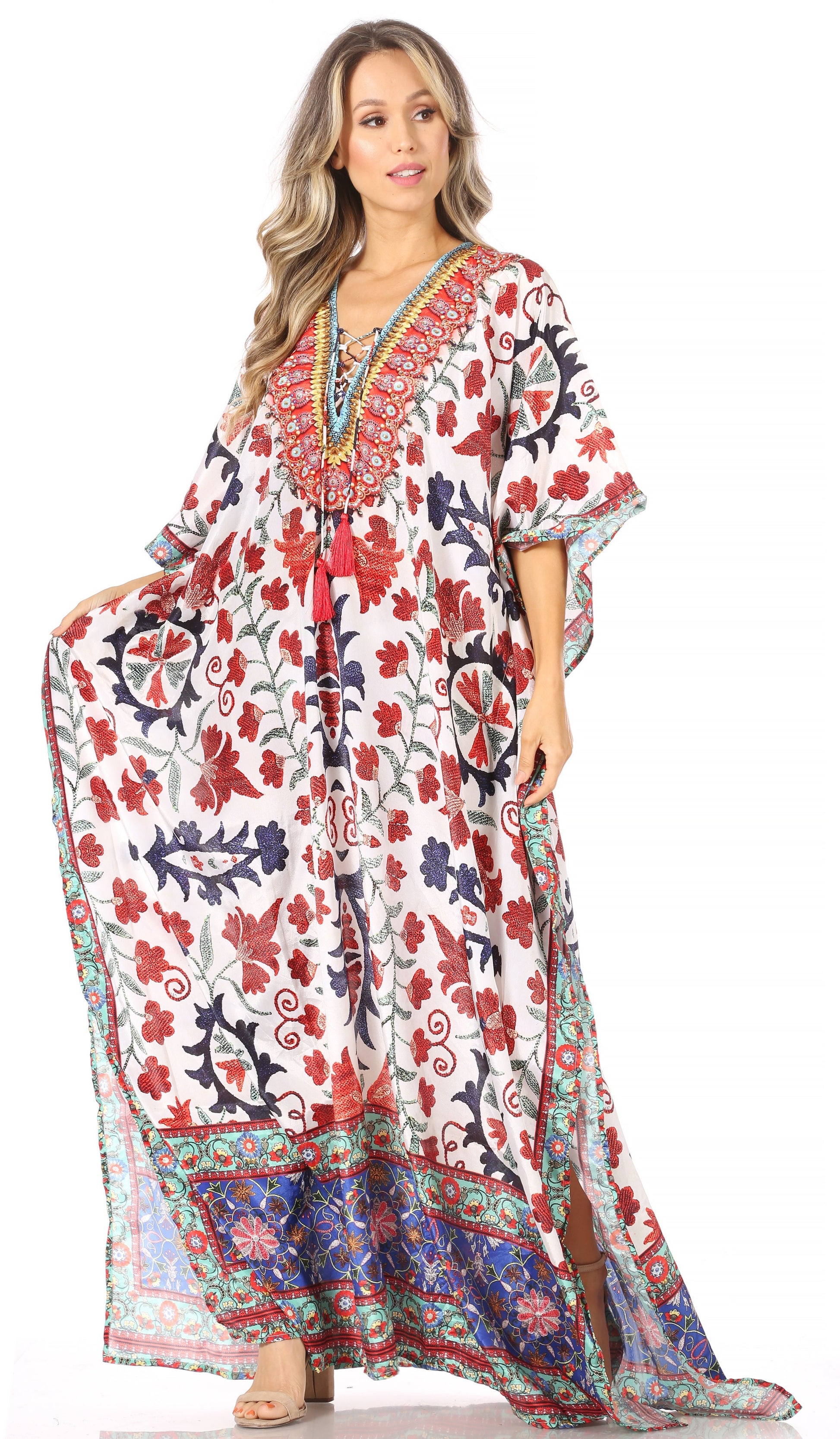 Sakkas Georgettina Flowy Rhinestone V Neck Long Caftan Dress/Cover Up - Concordia Style Boutique