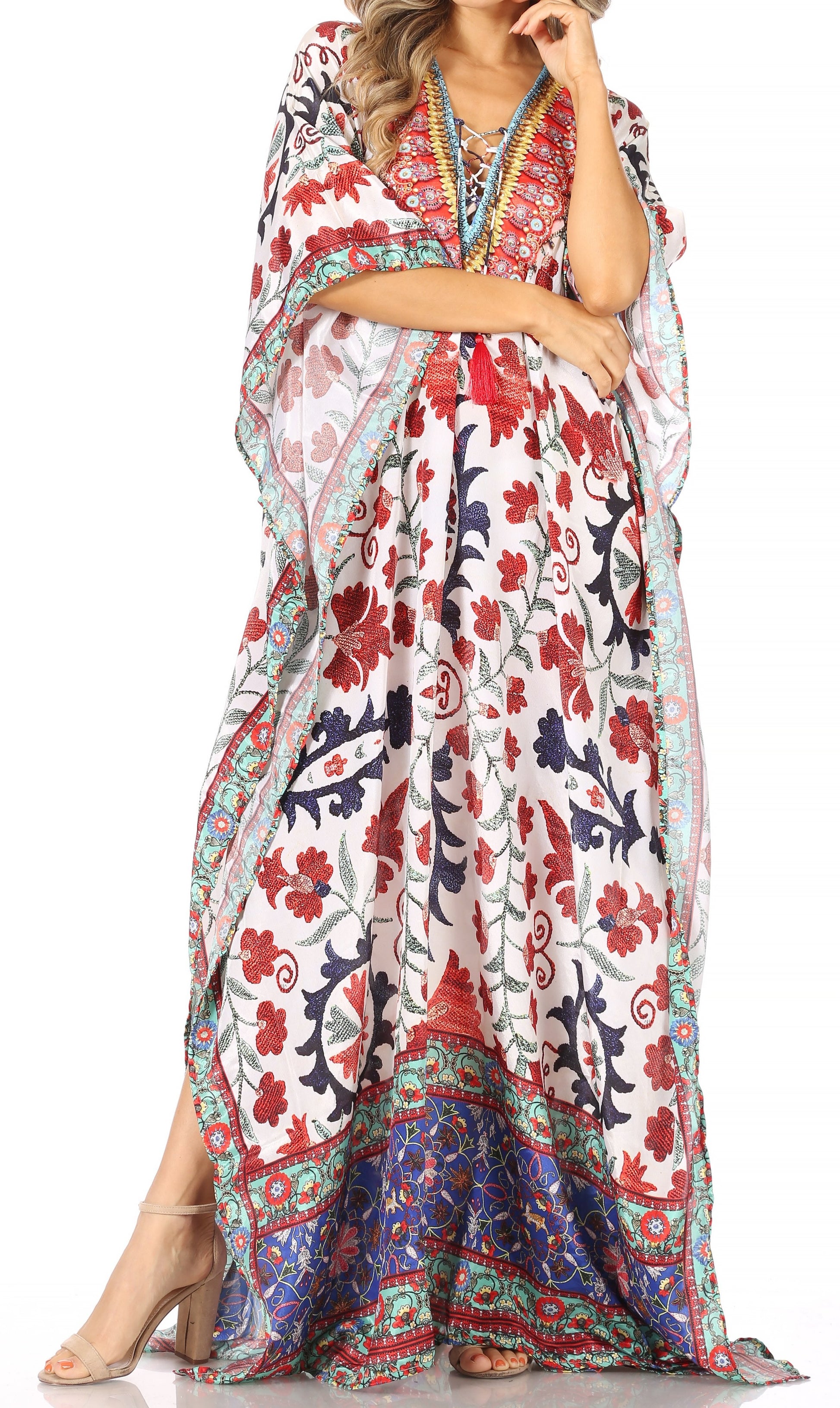 Sakkas Georgettina Flowy Rhinestone V Neck Long Caftan Dress/Cover Up - Concordia Style Boutique