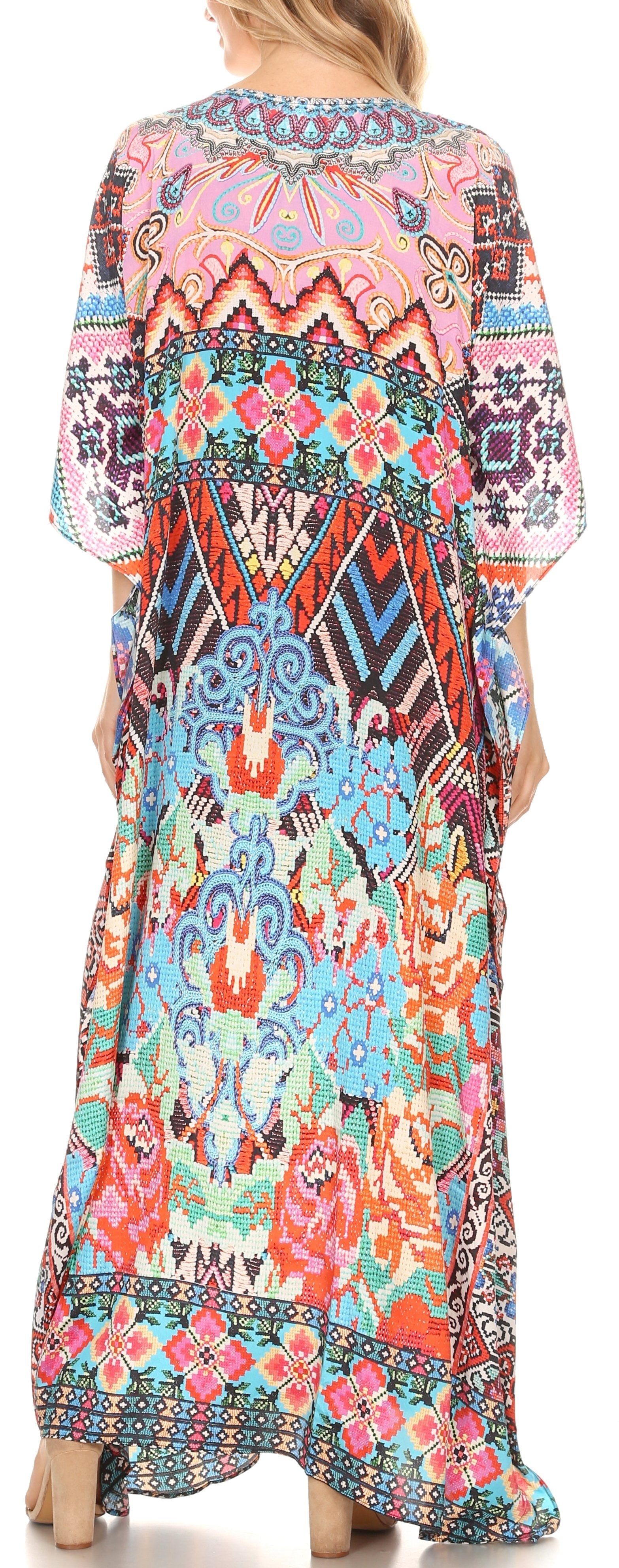 Sakkas Georgettina Flowy Rhinestone V Neck Long Caftan Dress/Cover Up - Concordia Style Boutique