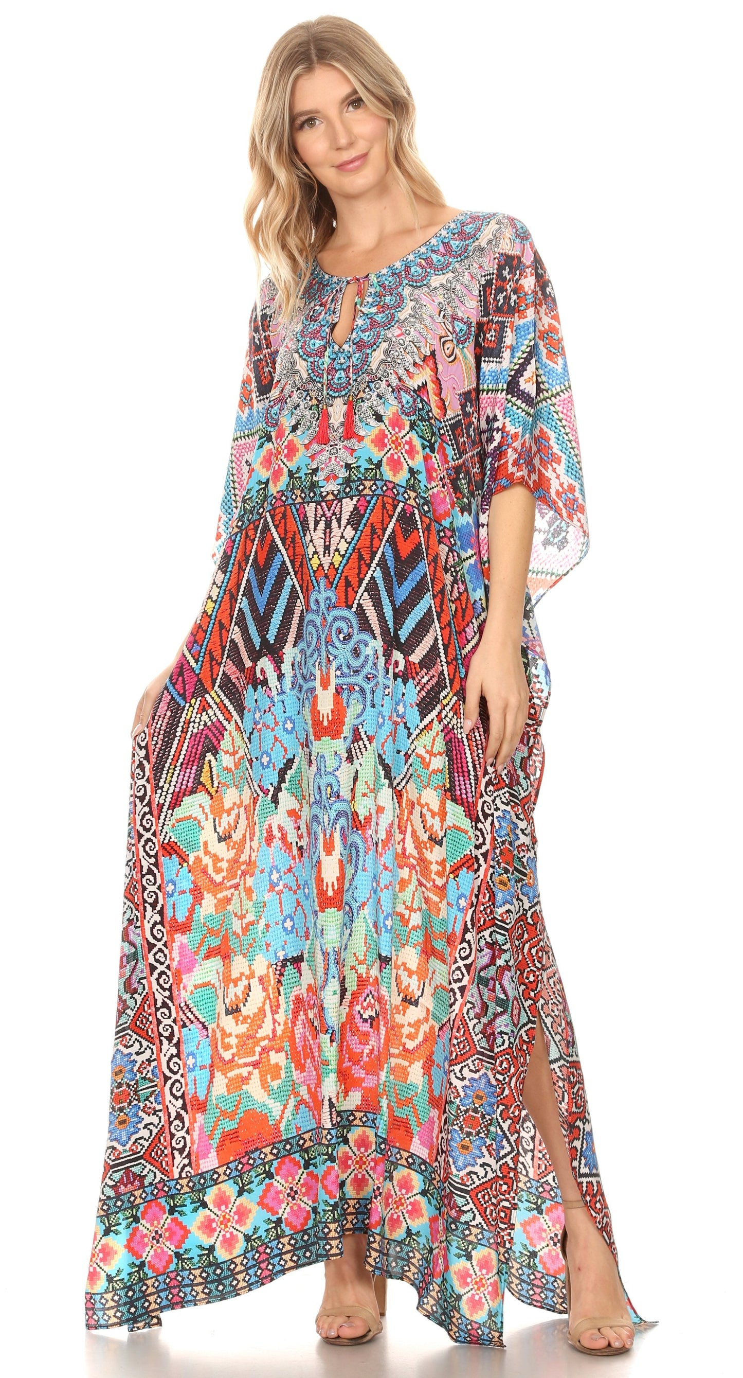 Sakkas Georgettina Flowy Rhinestone V Neck Long Caftan Dress/Cover Up - Concordia Style Boutique