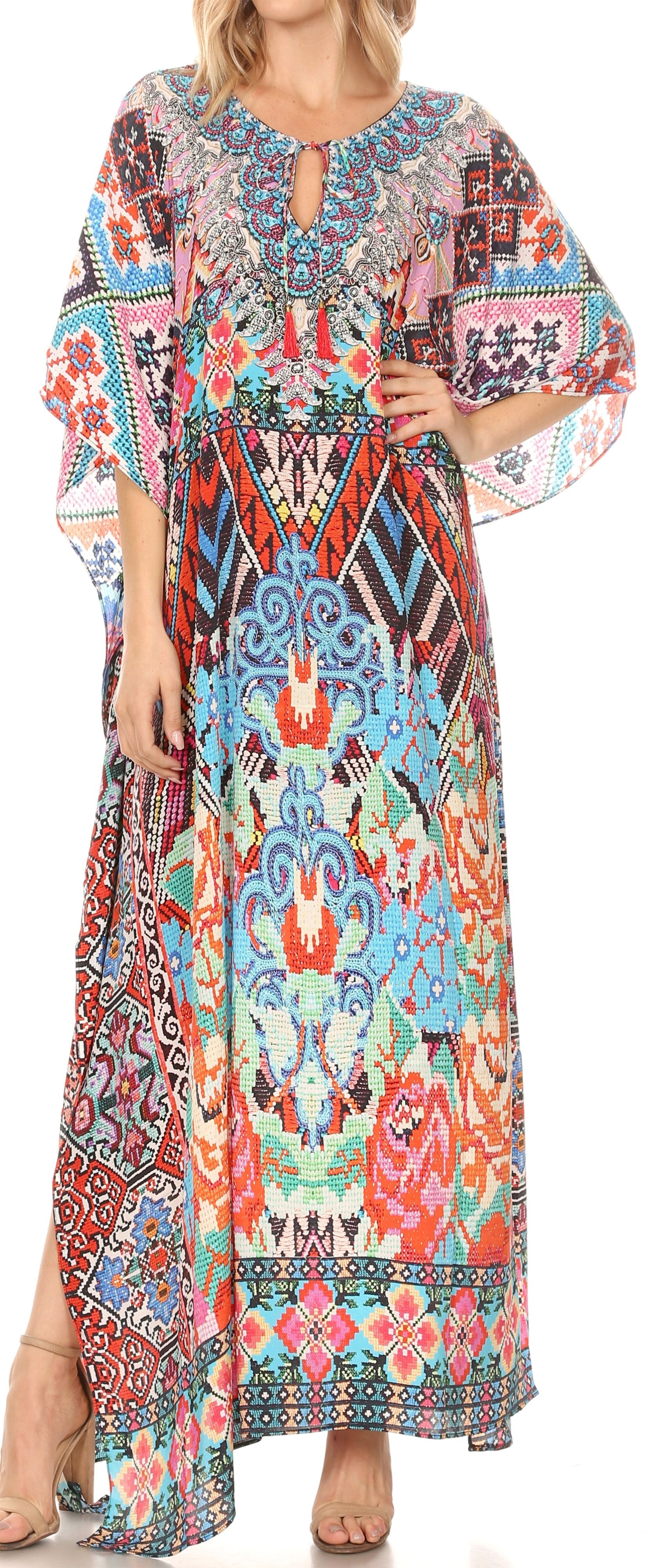 Sakkas Georgettina Flowy Rhinestone V Neck Long Caftan Dress/Cover Up - Concordia Style Boutique