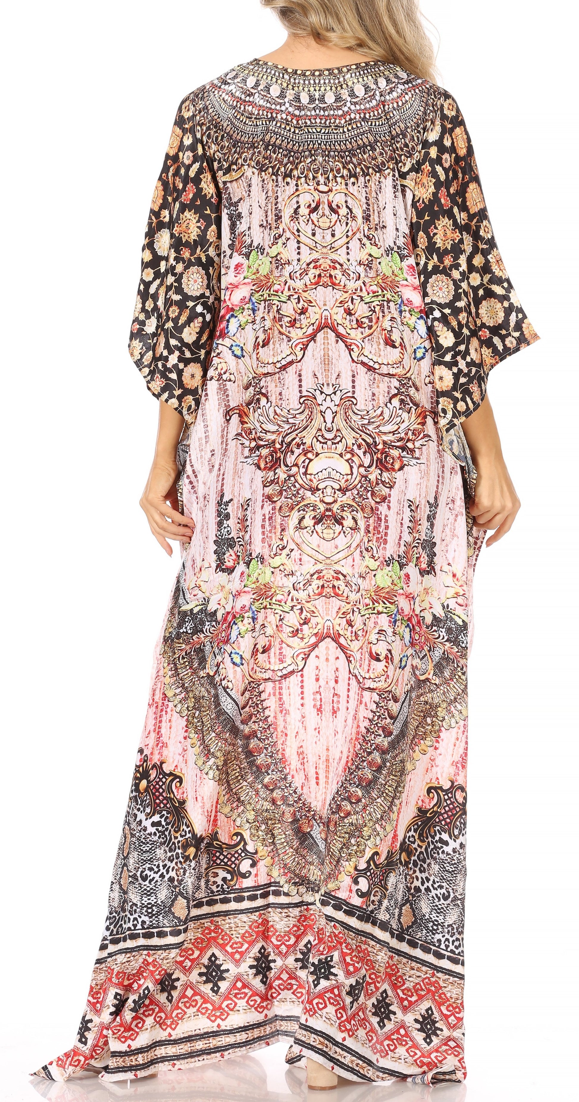 Sakkas Georgettina Flowy Rhinestone V Neck Long Caftan Dress/Cover Up - Concordia Style Boutique