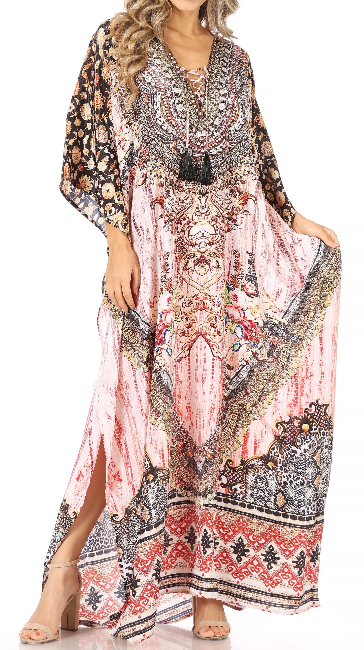 Sakkas Georgettina Flowy Rhinestone V Neck Long Caftan Dress/Cover Up - Concordia Style Boutique
