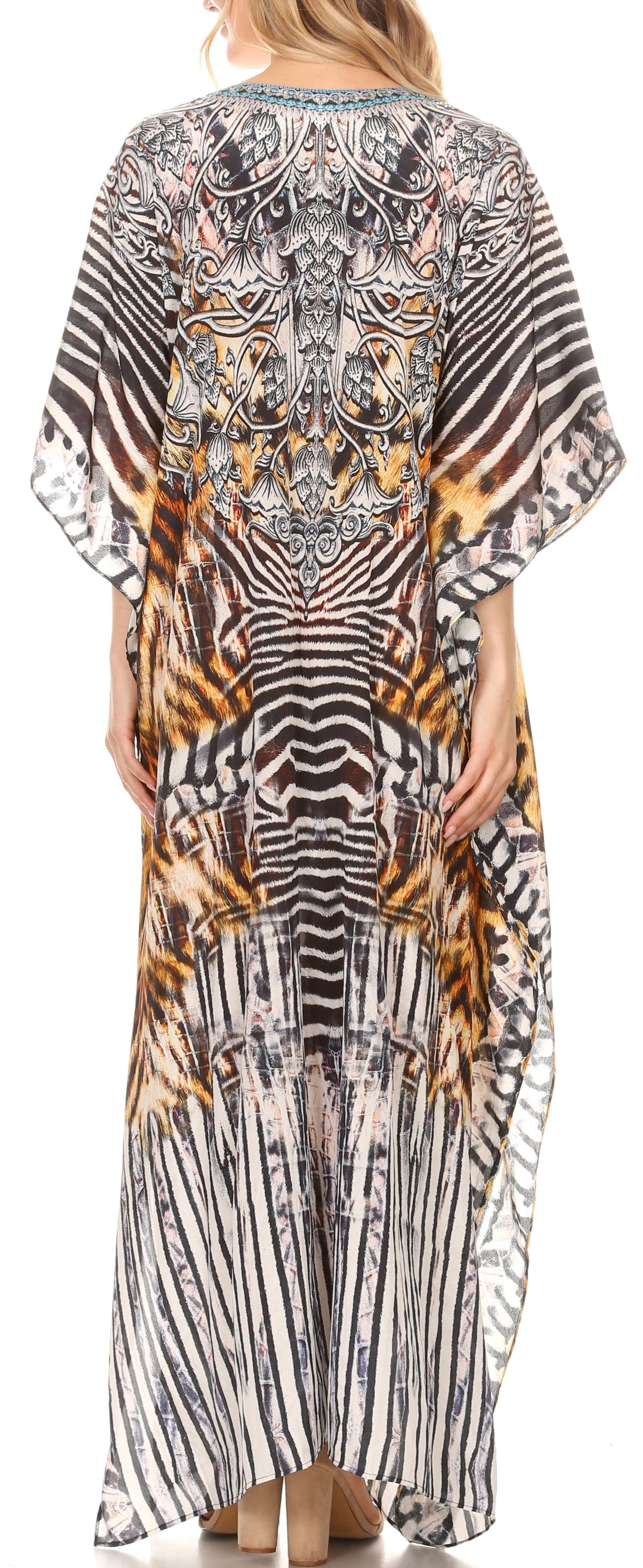 Sakkas Georgettina Flowy Rhinestone V Neck Long Caftan Dress/Cover Up - Concordia Style Boutique