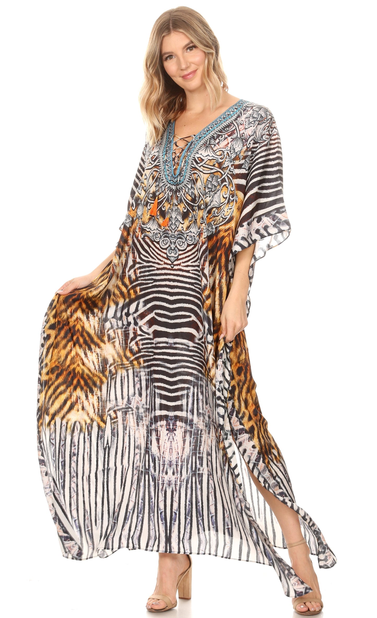 Sakkas Georgettina Flowy Rhinestone V Neck Long Caftan Dress/Cover Up - Concordia Style Boutique