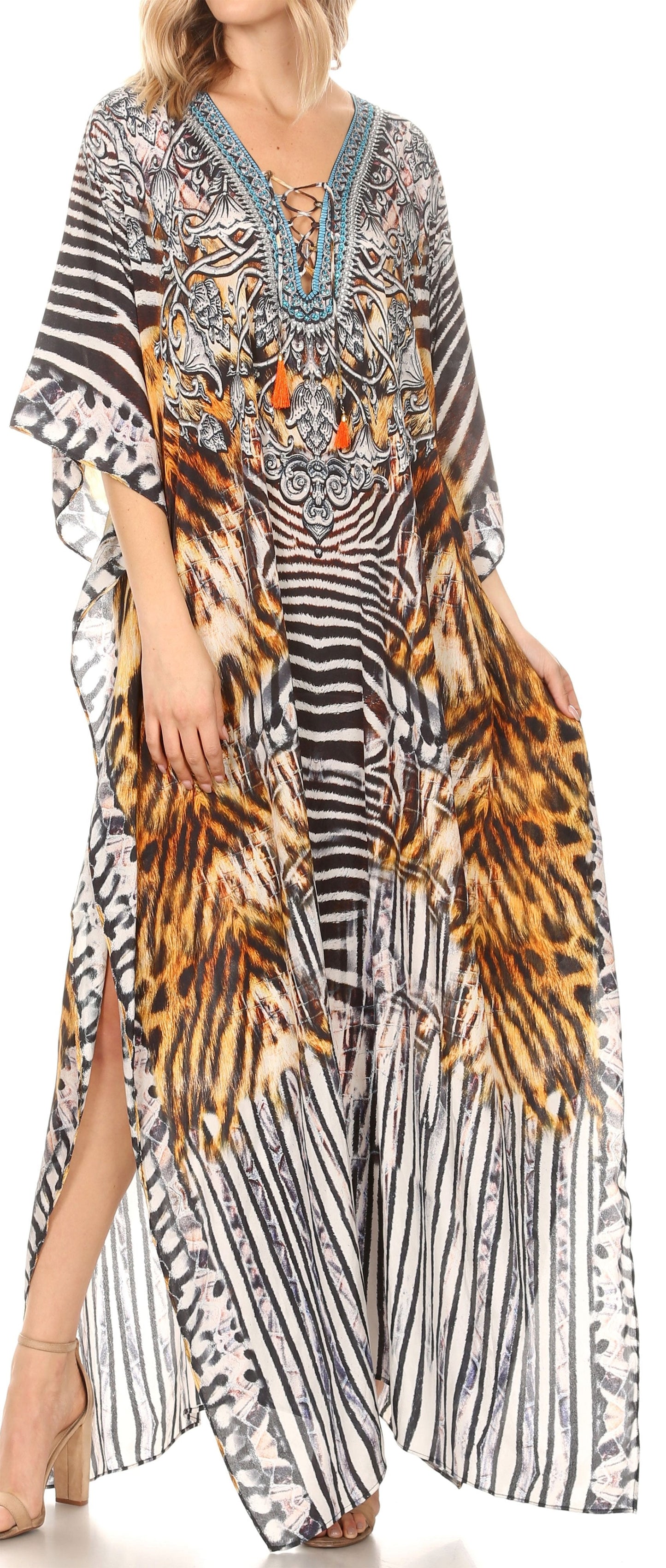 Sakkas Georgettina Flowy Rhinestone V Neck Long Caftan Dress/Cover Up - Concordia Style Boutique