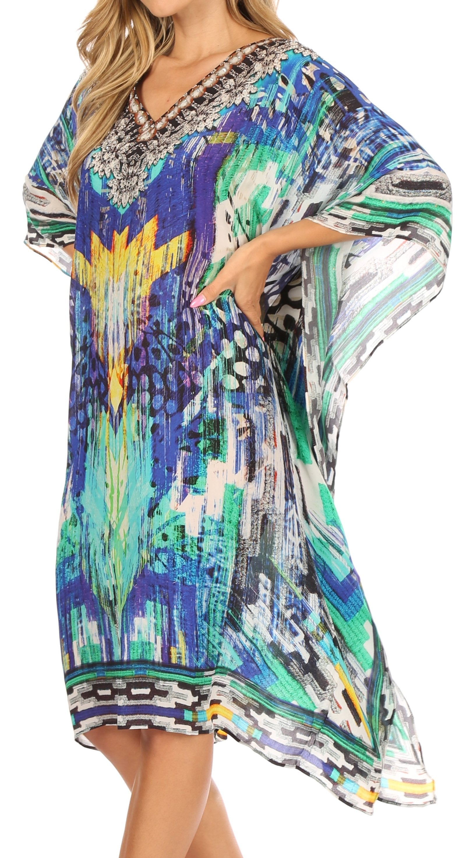 Sakkas MiuMiu Ligthweight Summer Printed Short Caftan Dress / Cover Up - Concordia Style Boutique