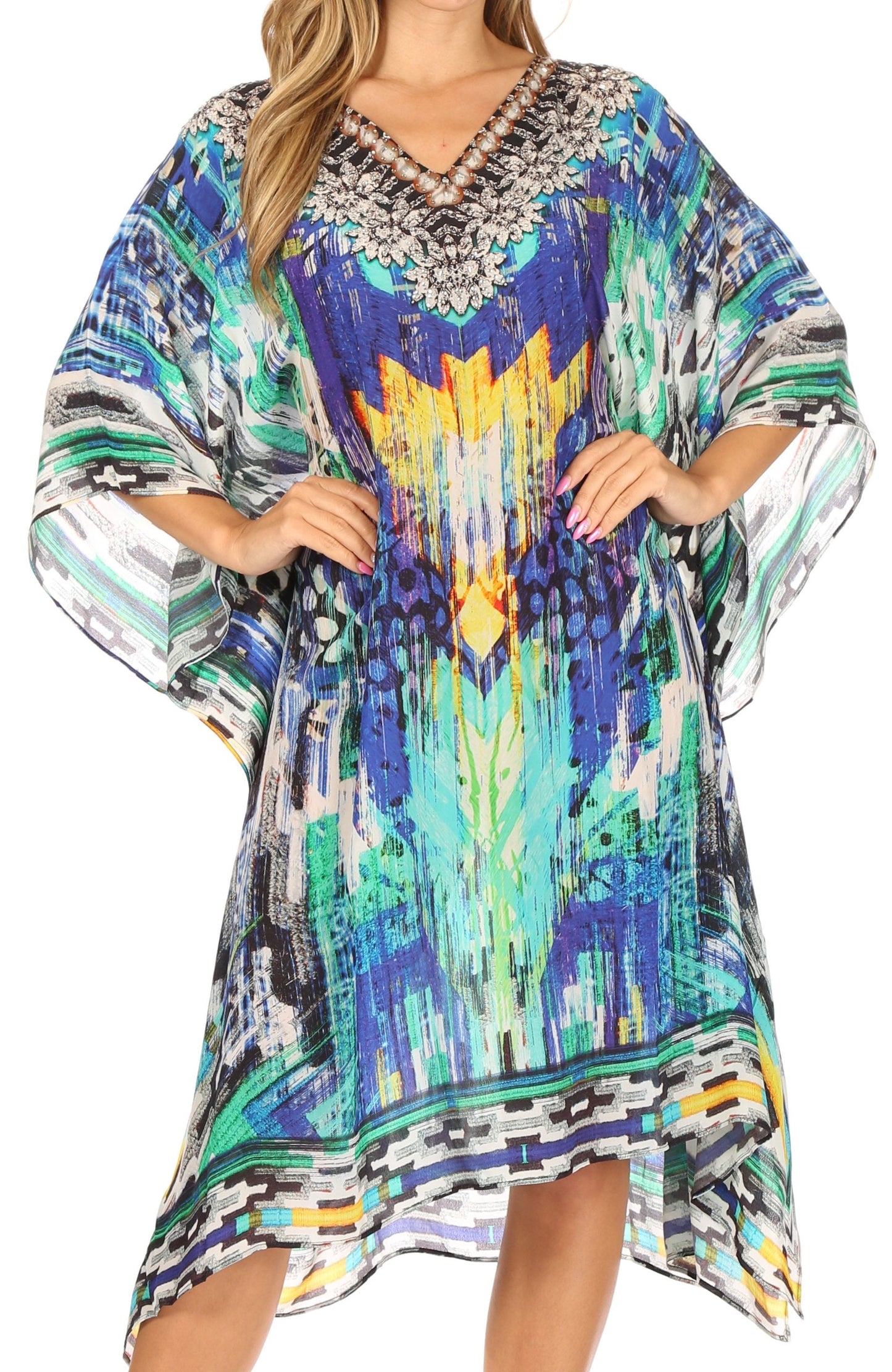 Sakkas MiuMiu Ligthweight Summer Printed Short Caftan Dress / Cover Up - Concordia Style Boutique