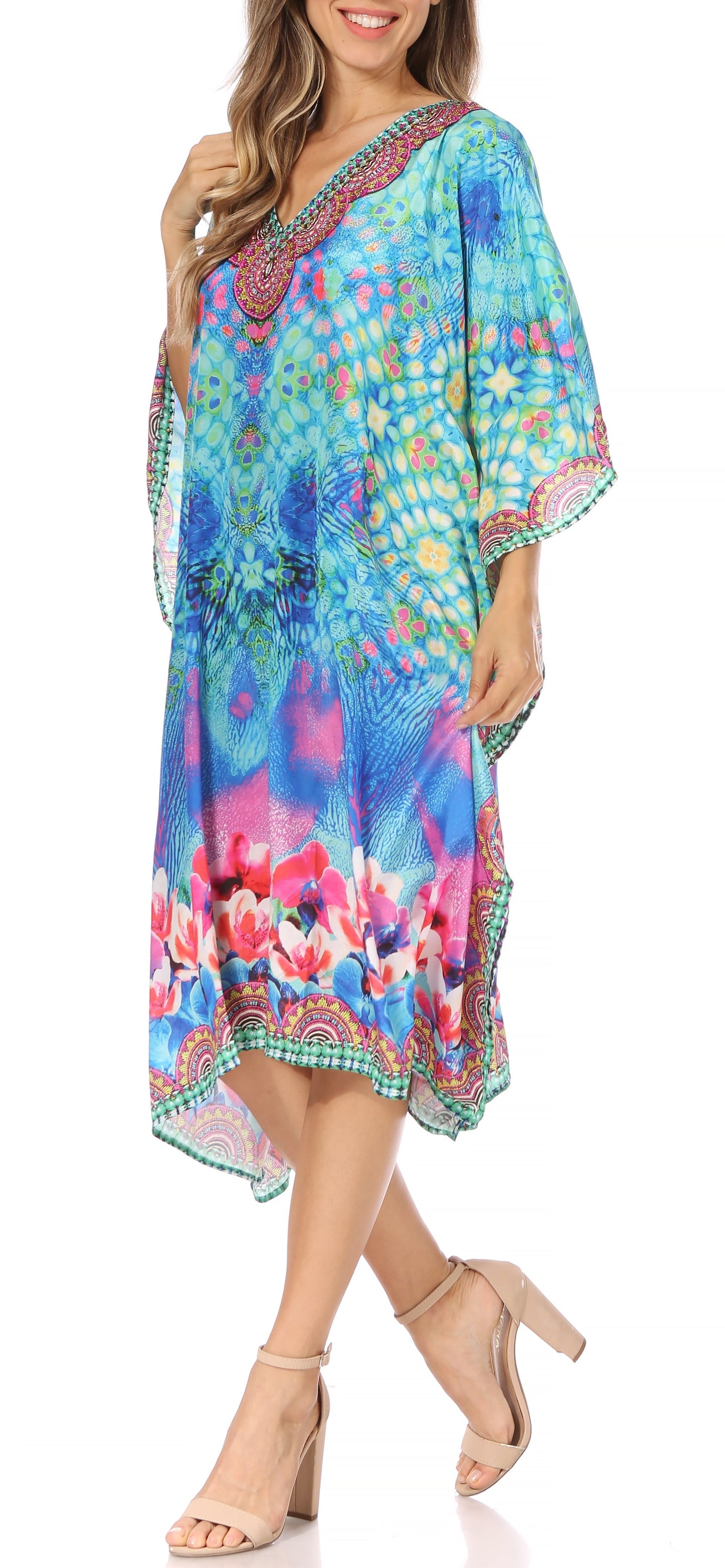 Sakkas MiuMiu Ligthweight Summer Printed Short Caftan Dress / Cover Up - Concordia Style Boutique